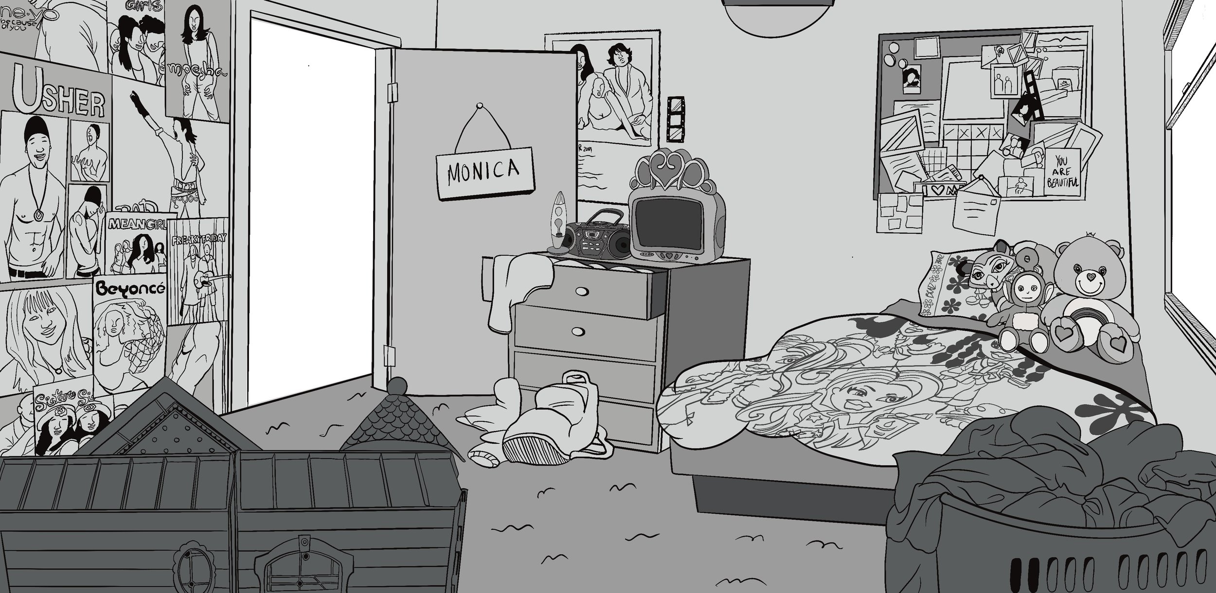 A bedroom with a door labeled 'Monica'.  The room has posters of popular music artists on the walls, including Beyoncé. There is a bed with a large doll or stuffed animals on it, a window with blinds, a bulletin board with photos and notes, and a sma