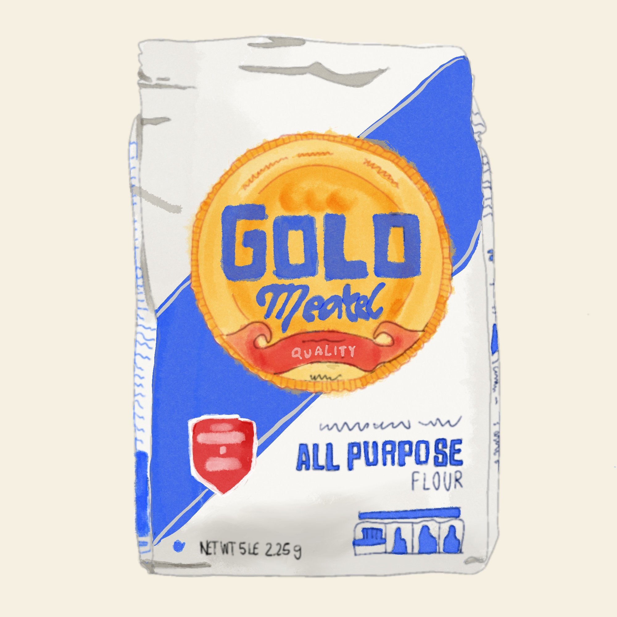 Watercolor illustration of a package of Gold Medal all-purpose flour with blue and white packaging, featuring the Gold Medal logo in the center and an illustration of a red shield and three small blue bottles at the bottom.