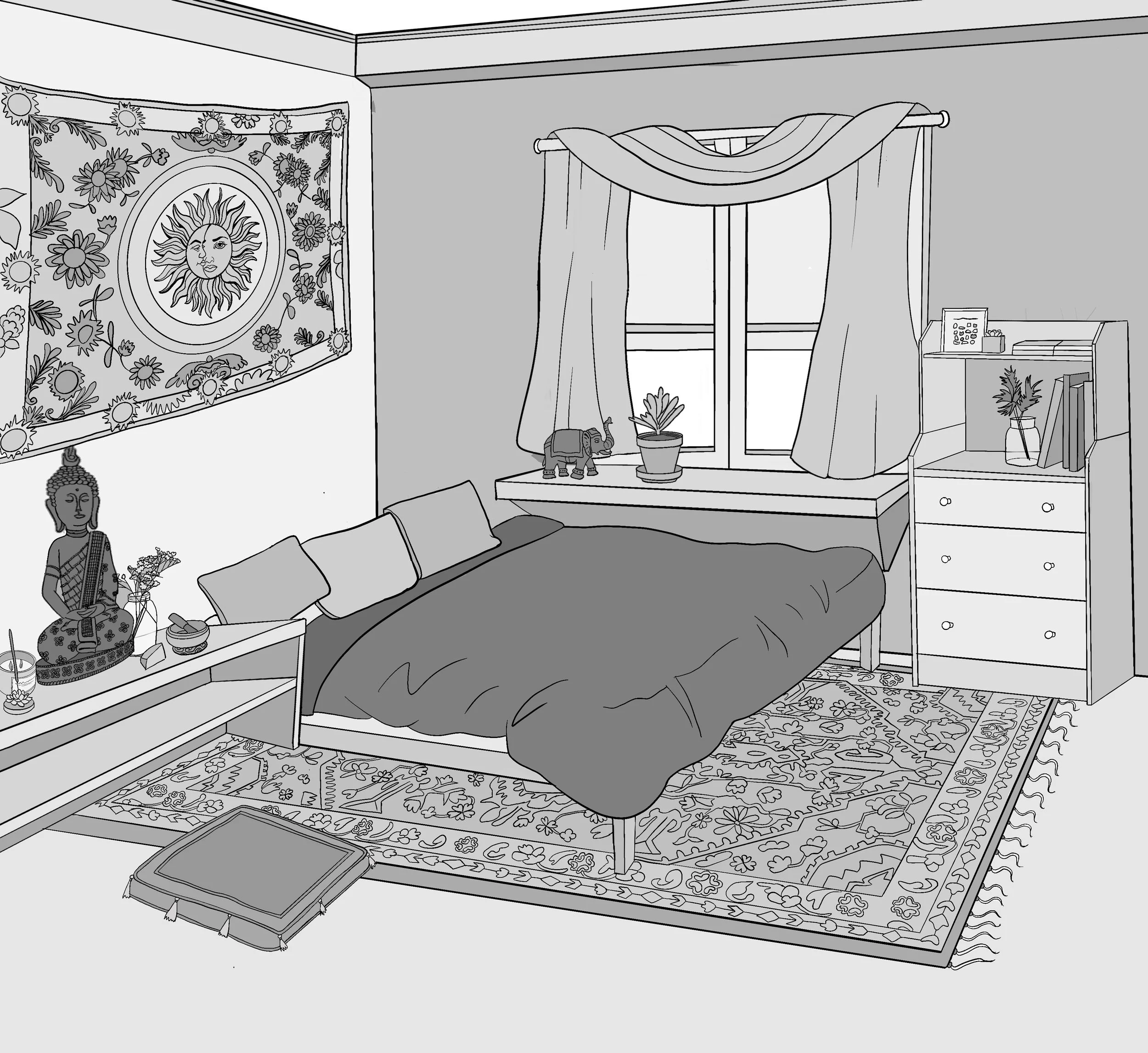 A black and white drawing of a cozy bedroom with a bed, a window, a dresser, a bookshelf, and decorative items including a Buddha statue, a tapestry, and plants.