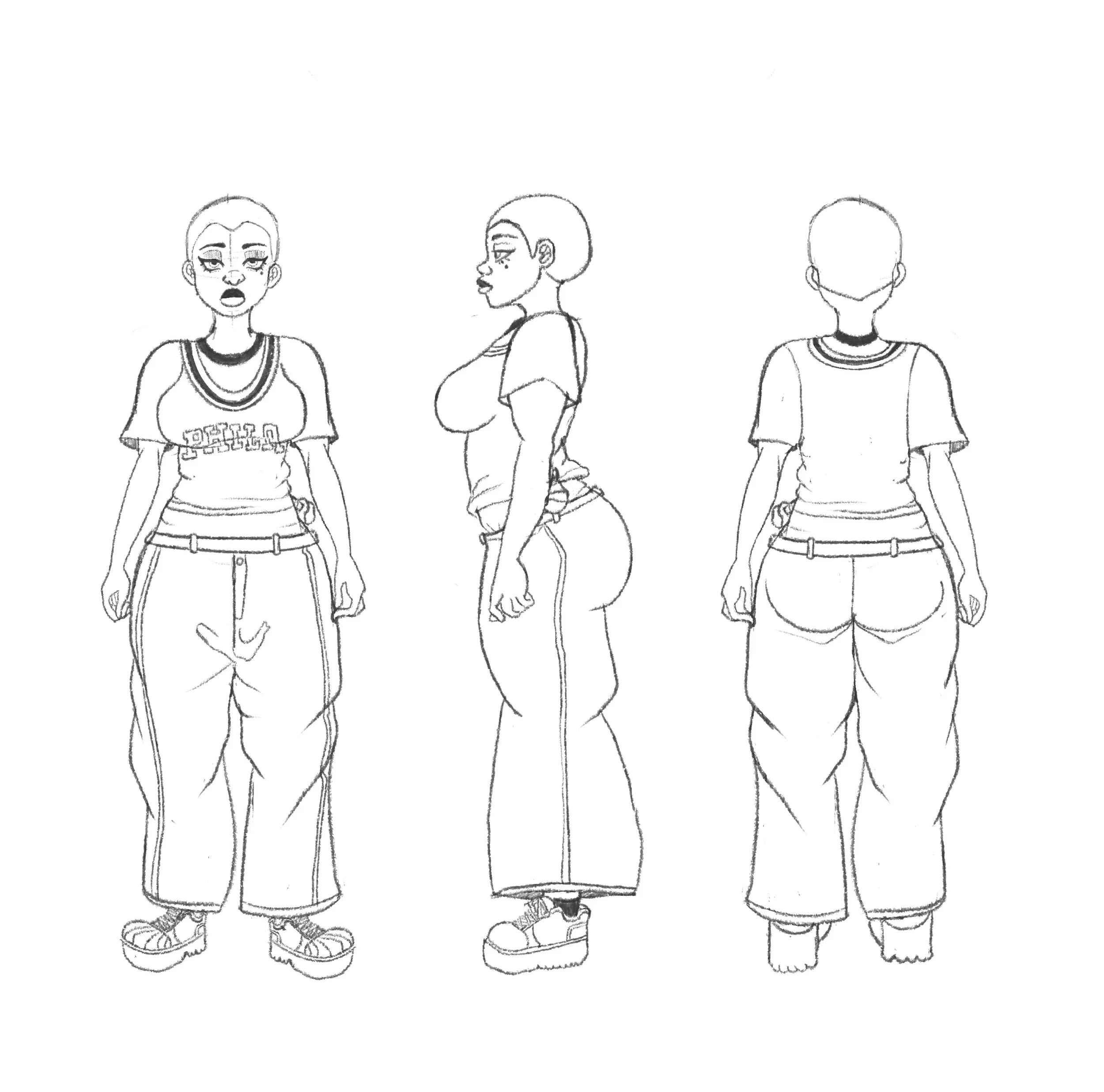 Three black and white sketches of a woman in casual clothing from front, side, and back views. She has short hair, wears a t-shirt, baggy pants, and platform sneakers.