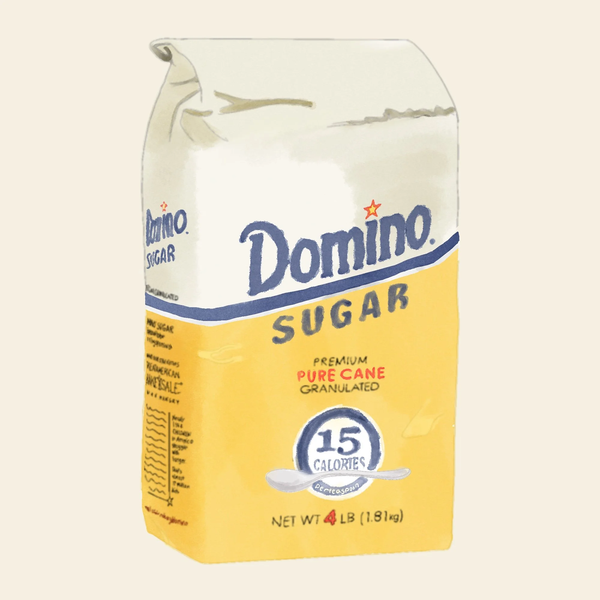Watercolor illustration of Domino brand granulated sugar with a yellow and white design.
