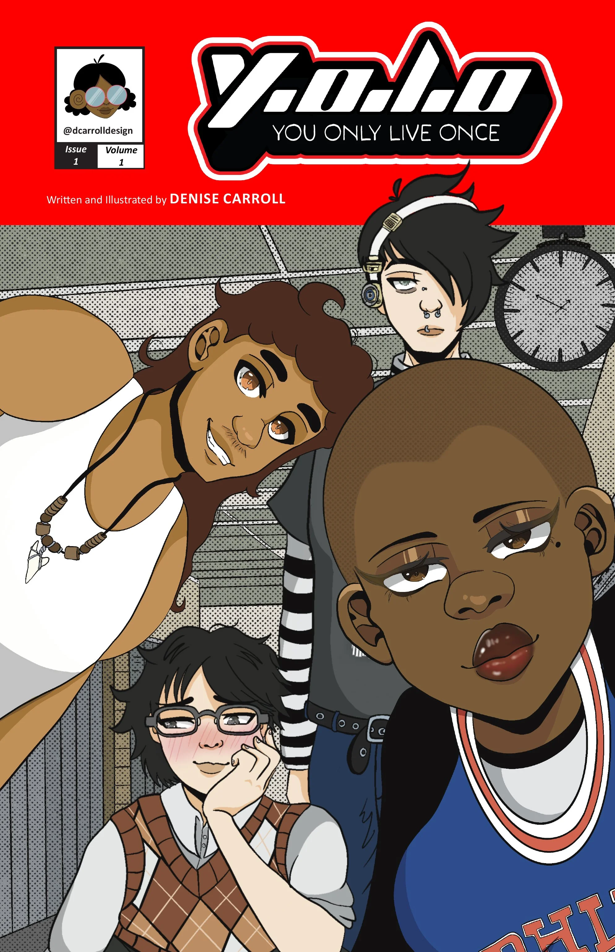 Illustration of four diverse young teens taking a selfie together in a room with a clock.