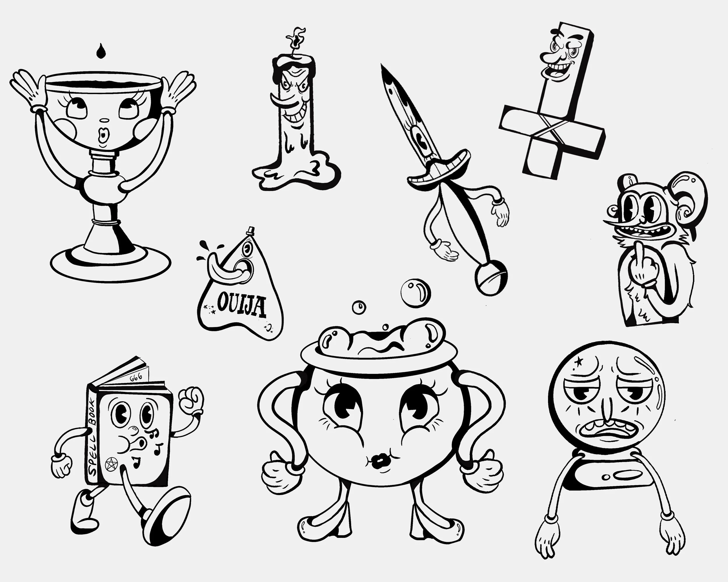 Black and white illustration of various cartoon-style characters, a lit candle, a knife, a talking cross, a walking Spell Book, an OUIJA board planchette, and more.