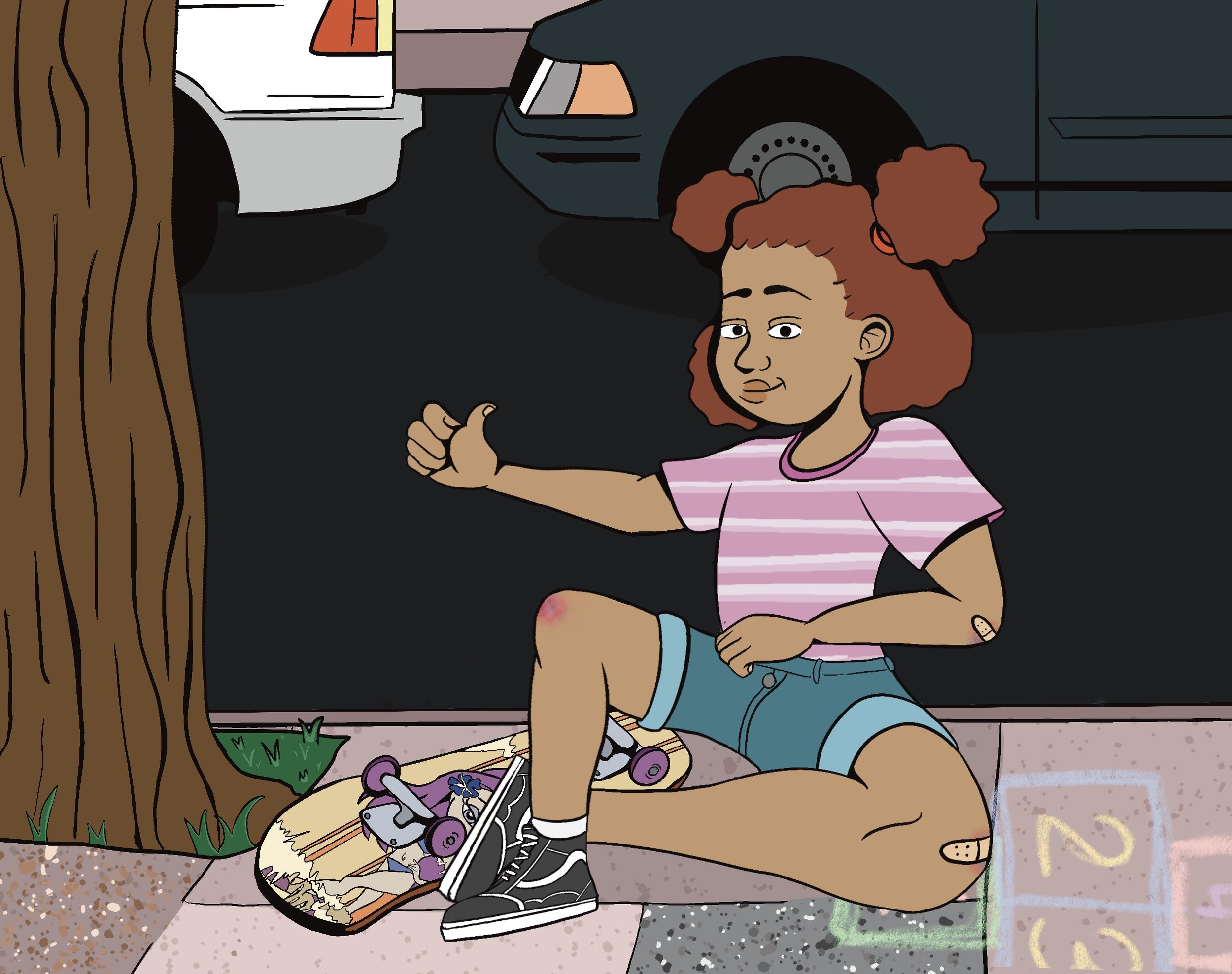 A girl with curly hair and a pink striped shirt sitting on the sidewalk next to a tree, giving a thumbs-up. She has a skateboard and a scraped knee with a bandage. There are parked cars in the background.