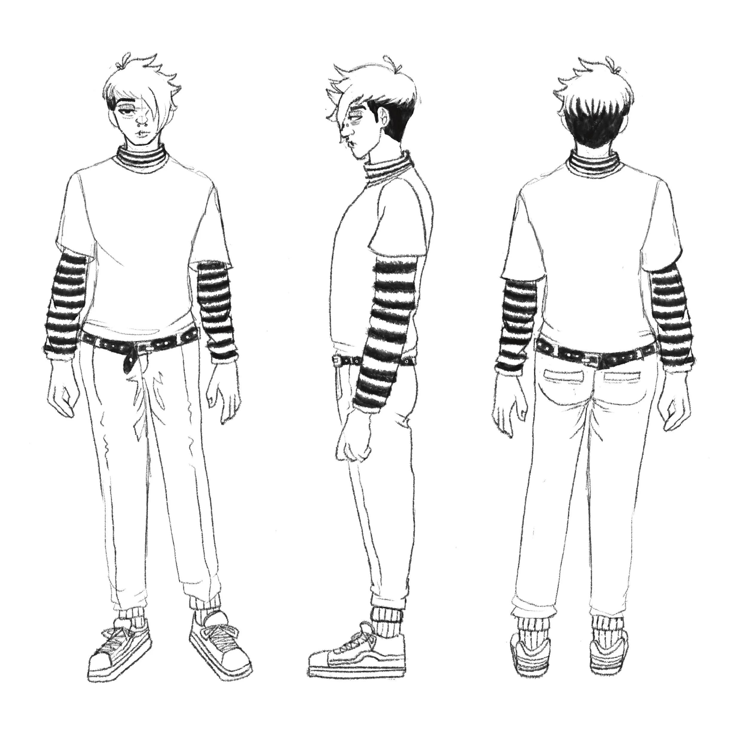A black and white fashion sketch of a young person in three views: front, side, and back. They are wearing a layered outfit with striped long sleeves under a plain T-shirt, baggy pants, sneakers, and a choker-style collar.