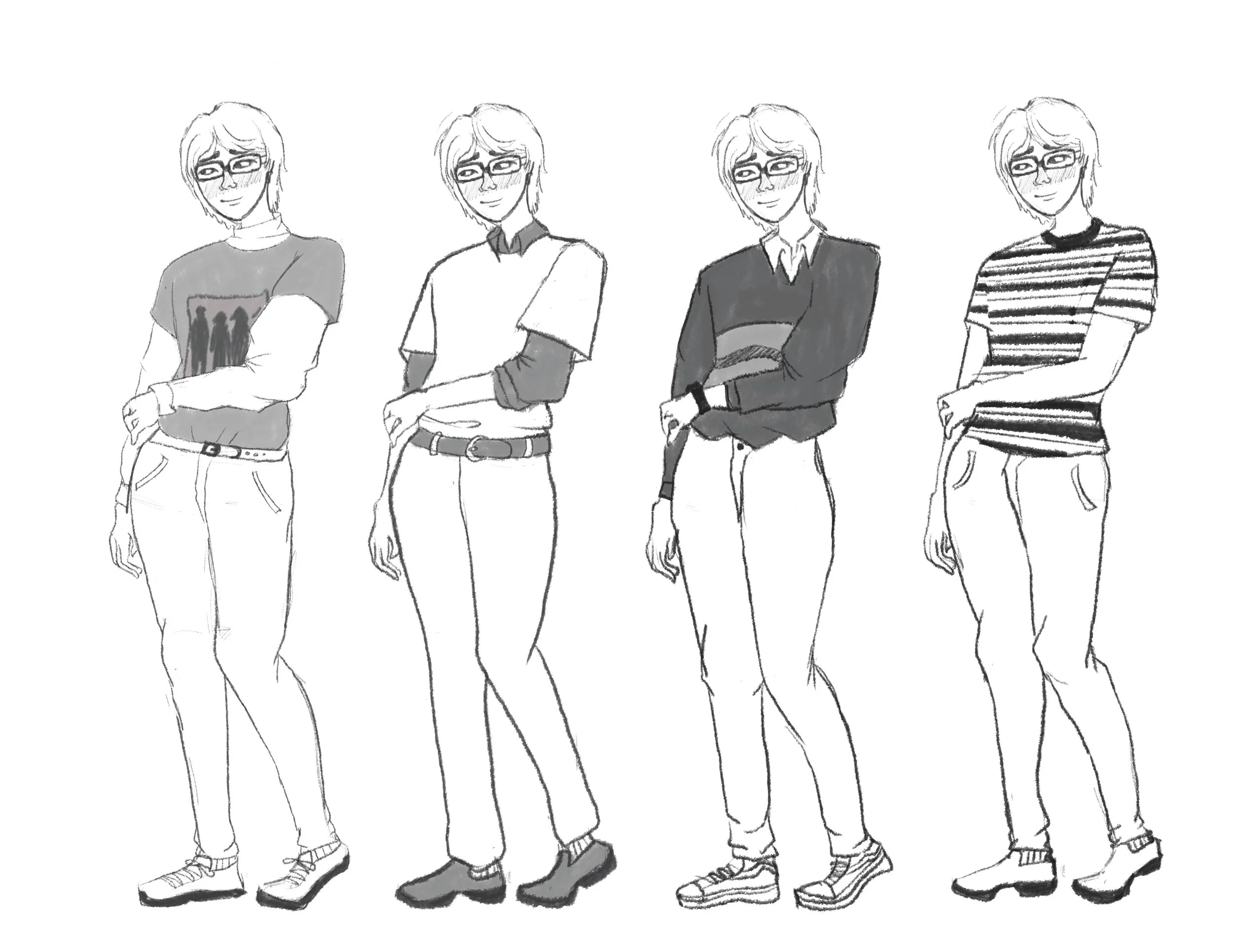 Line drawing of four young women standing side by side, each with short hair and glasses, dressed in casual clothing including t-shirts, sweaters, and jeans, with different poses.