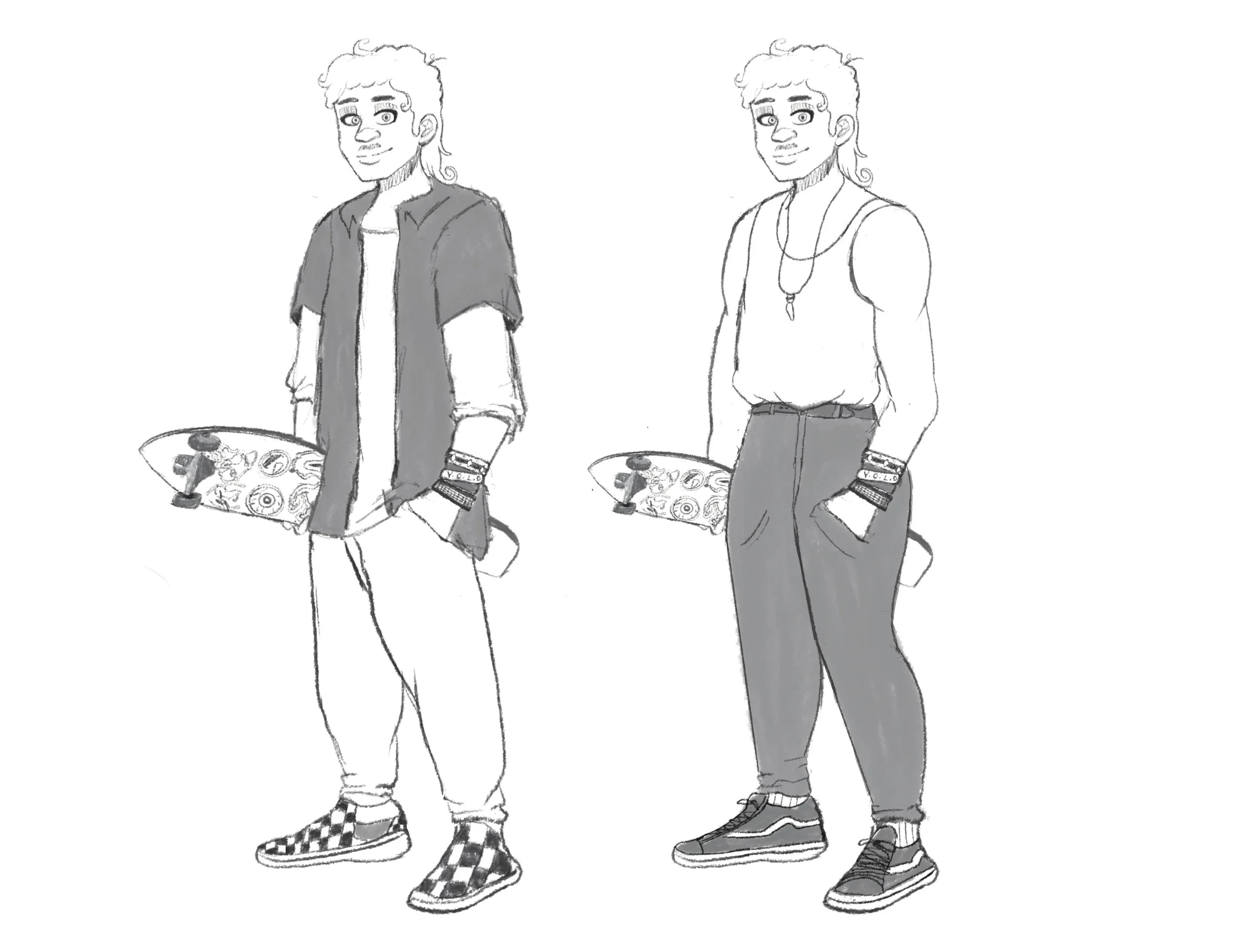 Black and white sketch of a young man standing holding a skateboard. The man has curly hair, wears a short-sleeved shirt over a long-sleeved shirt, loose pants, and checkerboard slip-on shoes.