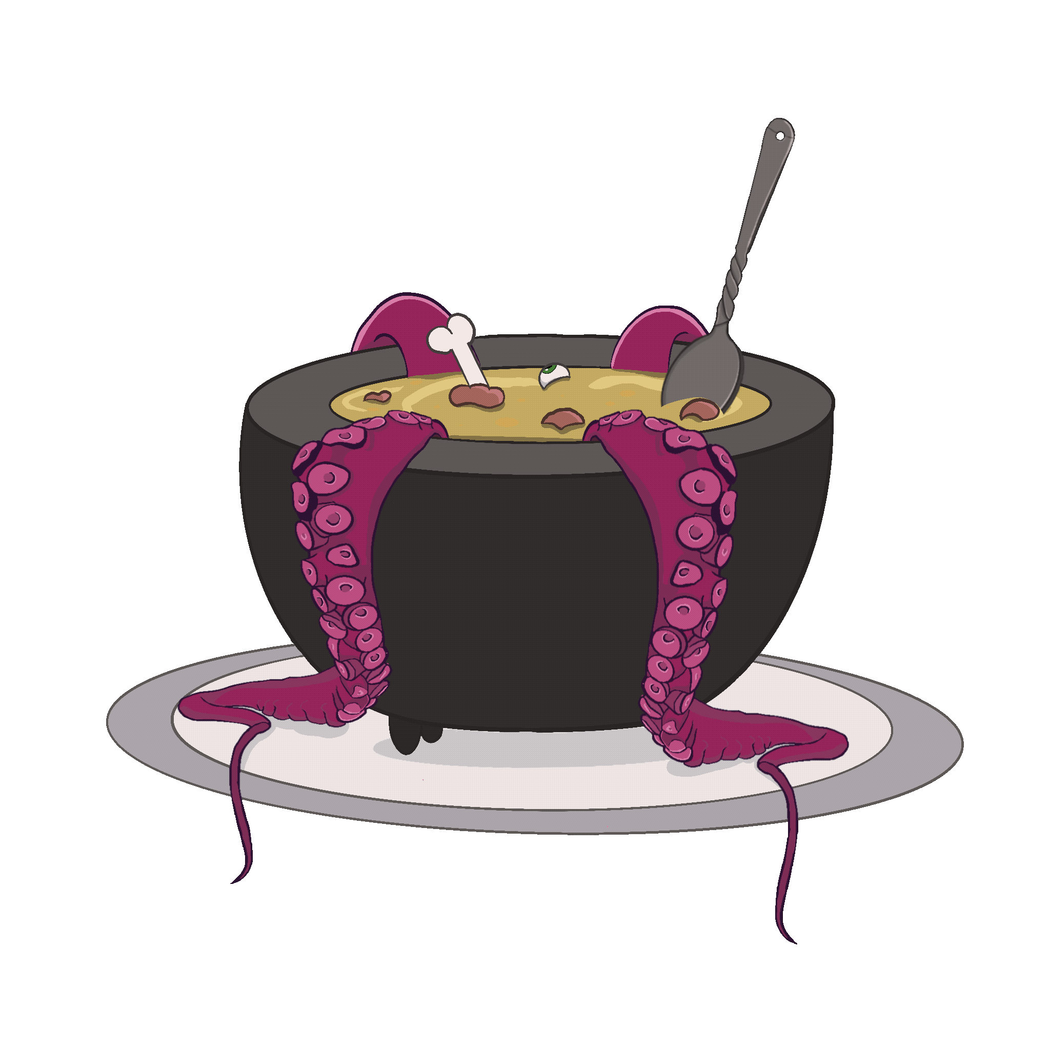 Animation of a bowl of soup with purple tentacles hanging over the edge.