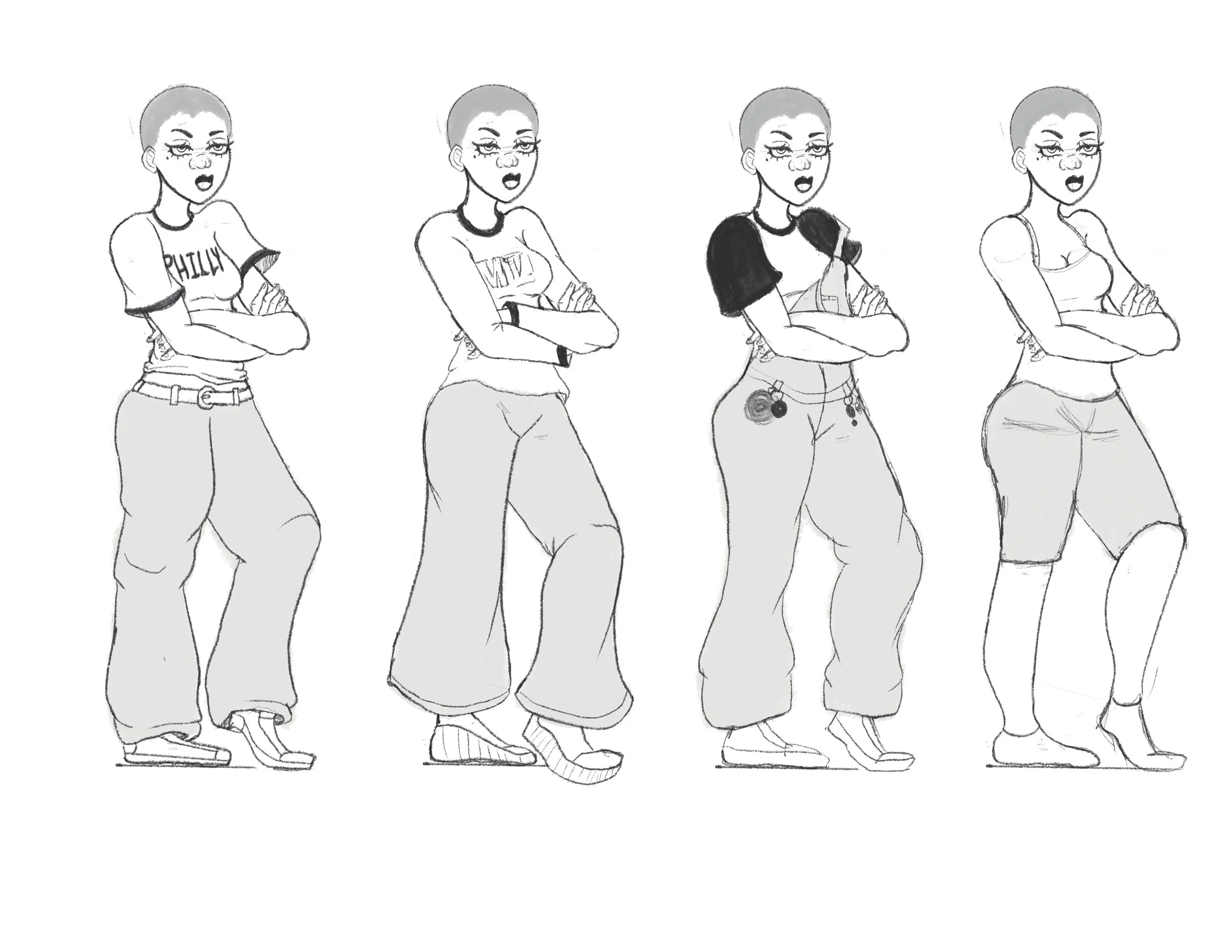 A black-and-white sketch of four women standing in a row with arms crossed, each wearing casual streetwear with slight variations, smiling and looking confident.