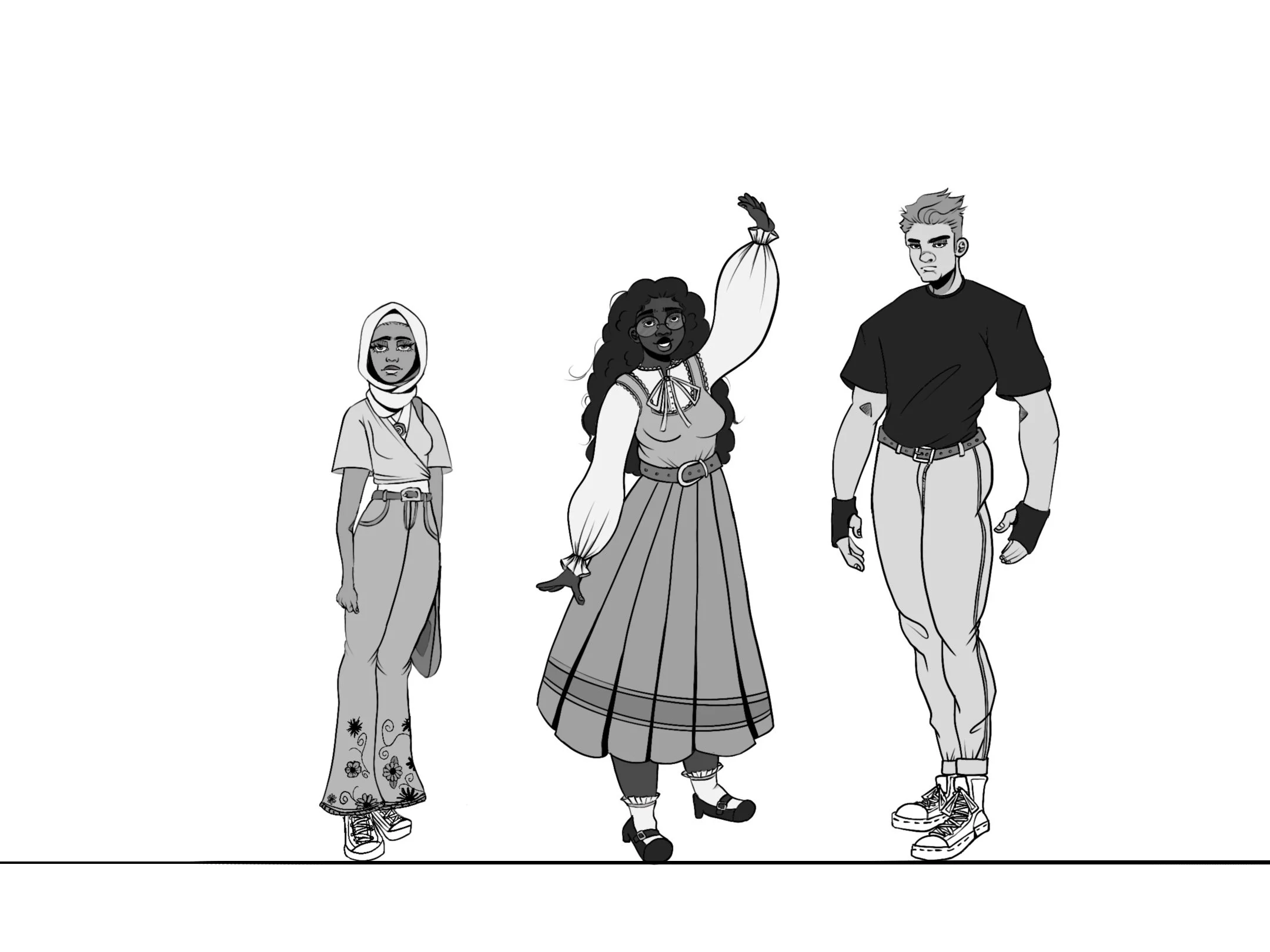 Black and white illustration of three diverse young adults standing together, with various styles of clothing, including a woman in a long skirt, a woman in a hijab and floral pants, and a man in a T-shirt and jeans.