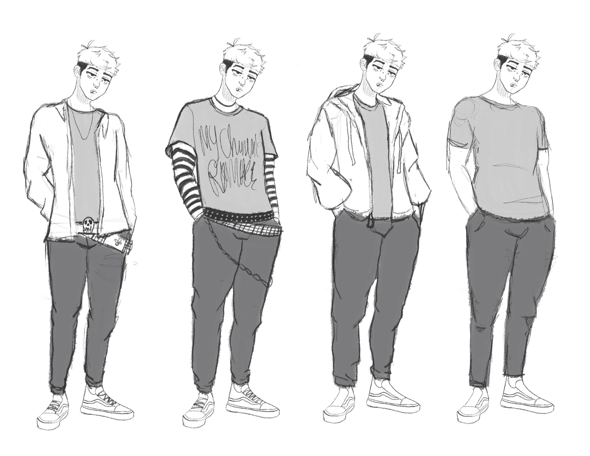 Drawing of four young men standing side by side, each with a distinct casual style and stance.