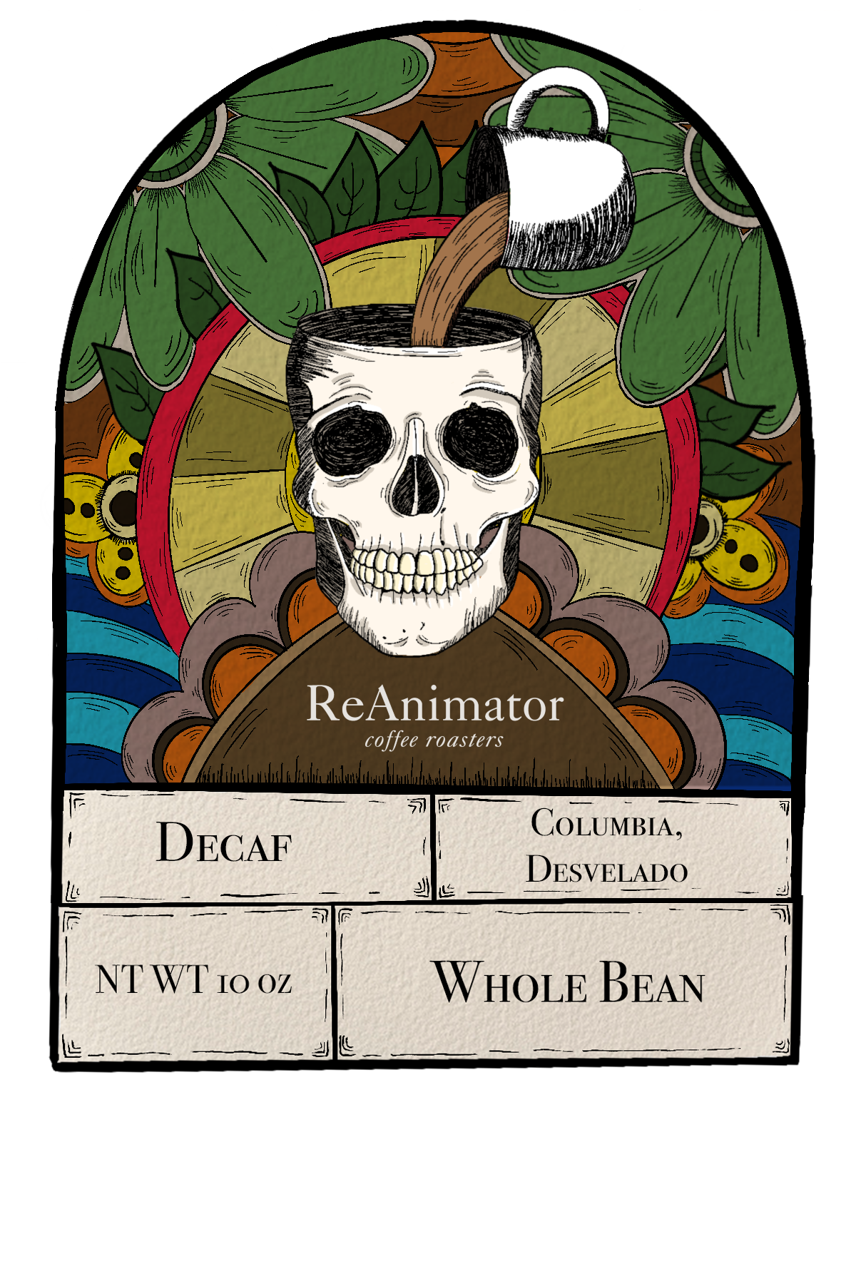 A coffee bag label featuring a skull in the center, with brown liquid coffee pouring from a small coffee pot into the skull's head. The background includes colorful images of coffee plant leaves, cherries, and a sun. The label reads 'ReAnimator coffe