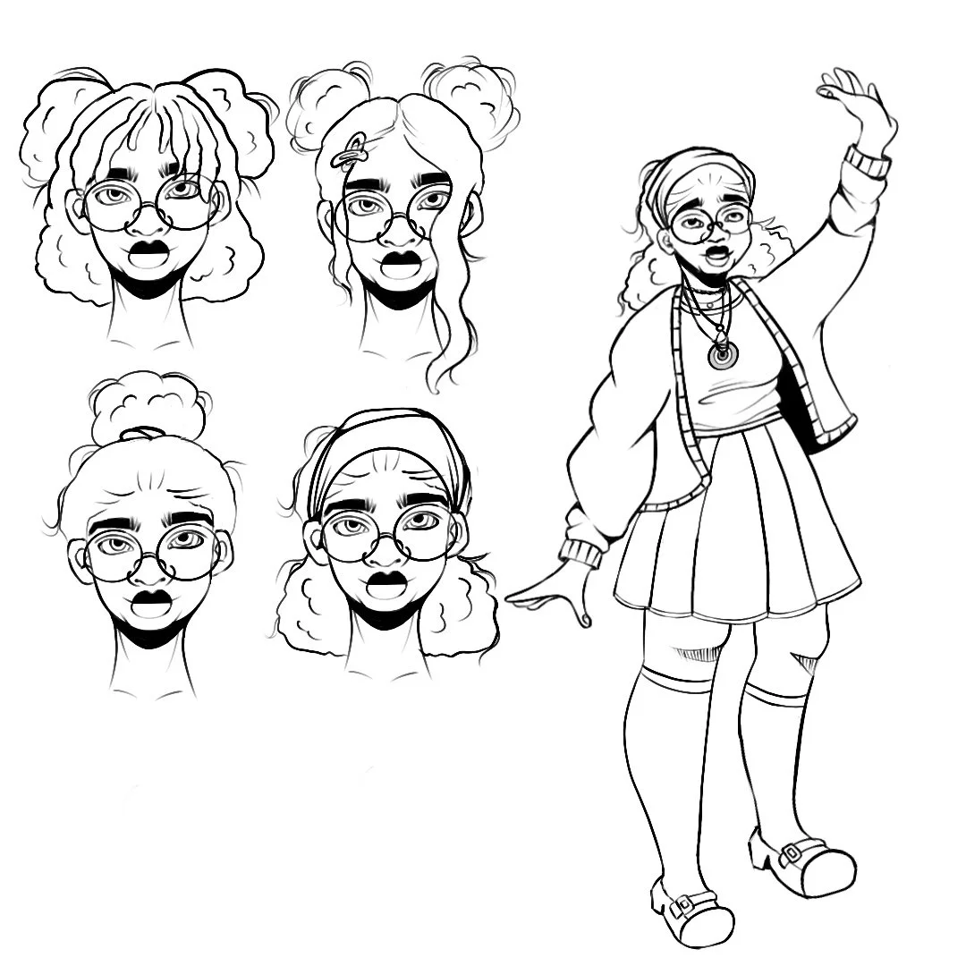 Line drawing of a girl with curly hair and glasses, shown with five different facial expressions, and a full-body illustration of the same girl in a skirt, sweater, and platform shoes, waving.