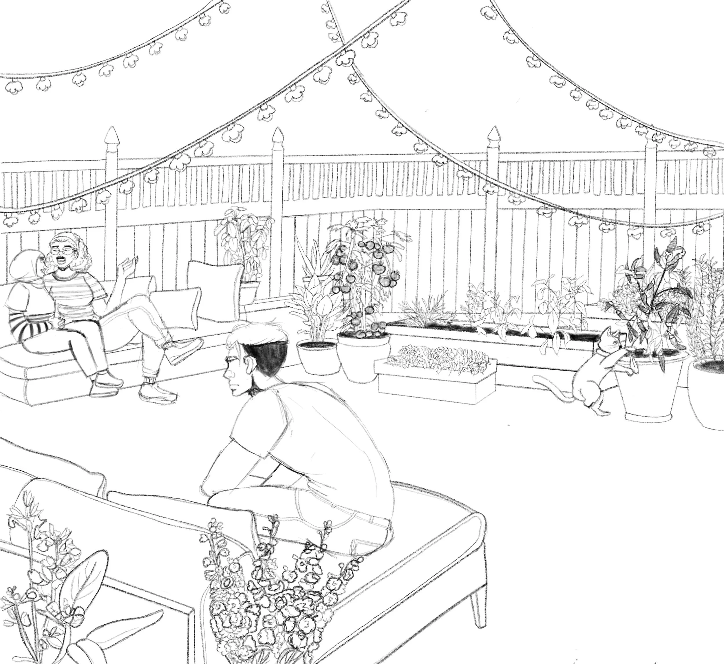 A sketch of an outdoor gathering on a patio with string lights, potted plants, a wooden fence, people sitting and talking on a couch and chair, and a cat exploring a potted plant.