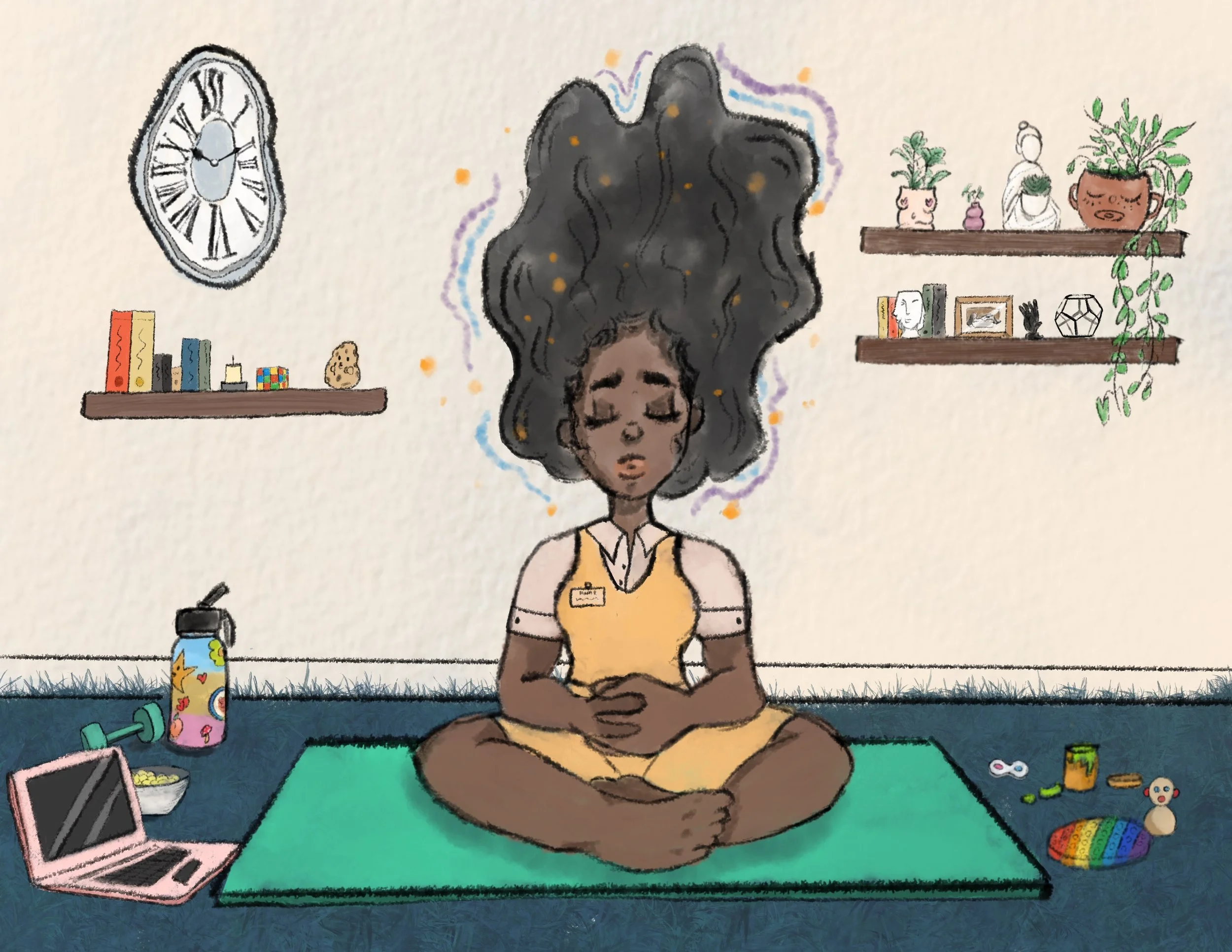 Illustration of a woman with curly hair sitting cross-legged on a green yoga mat in a room, meditating with eyes closed. The room has shelves with books, plants, and decorative items, a wall clock, a laptop, a water bottle, a bowl of snacks, and toys