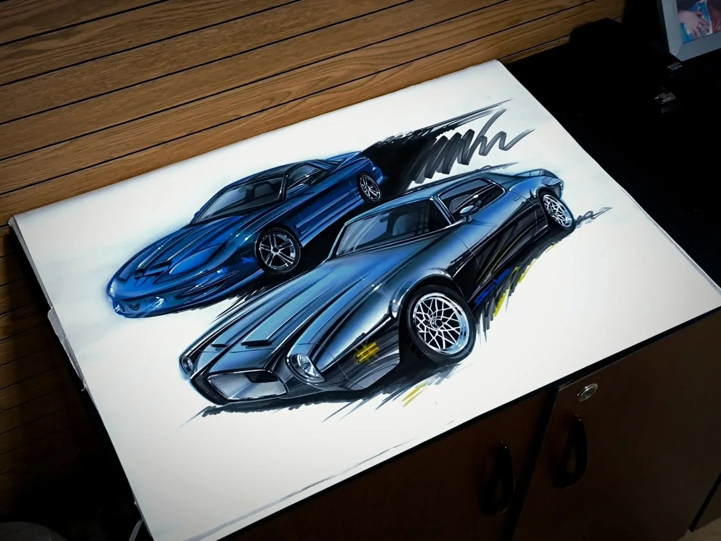 Another commission of an amazing pair of 2 Pontiac Firebirds that I finished! I use a great mix of materials to make these illustrations, including alcohol markers, pencils, different types of pens, airbrush, and colored pencils. This one was made in