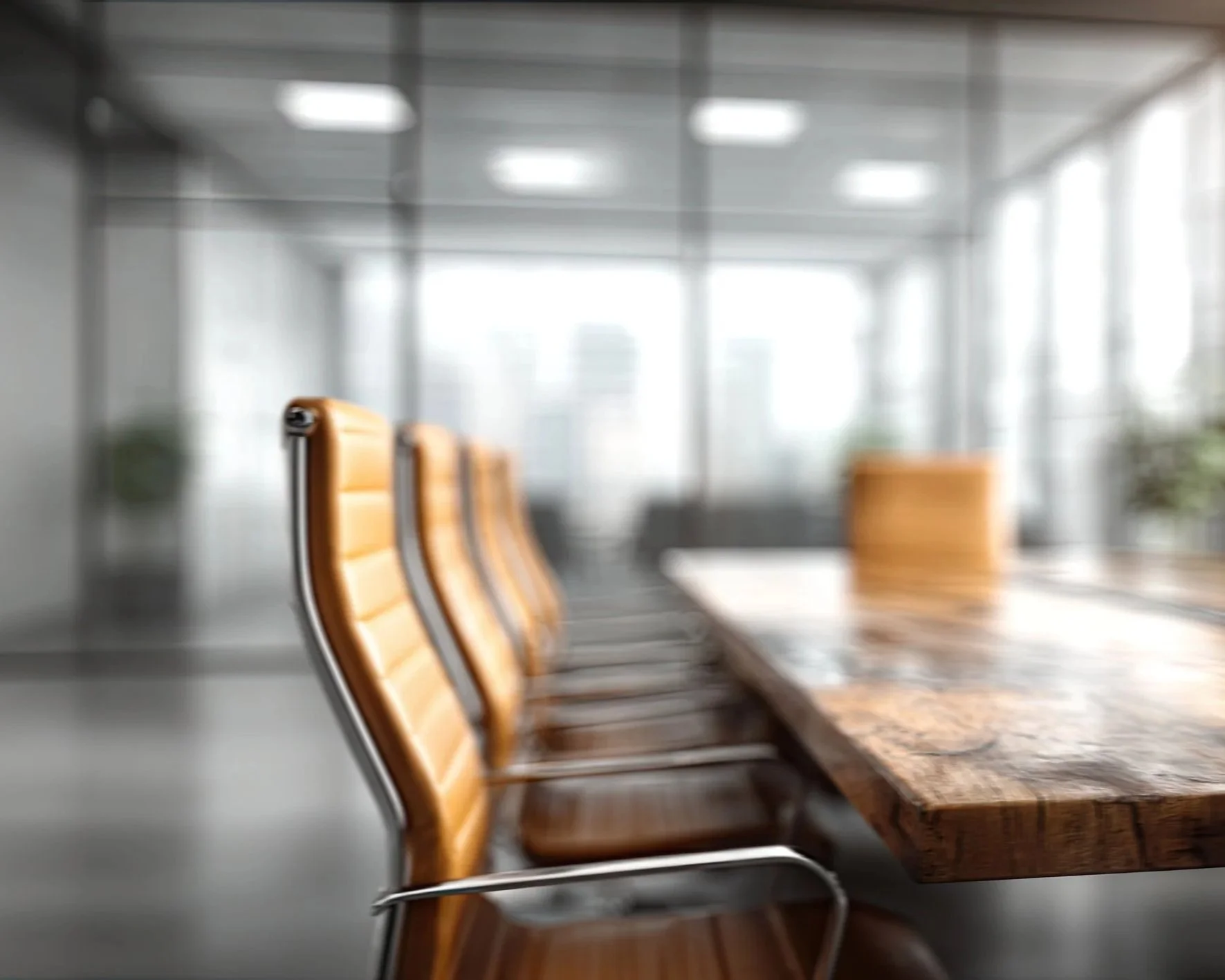 Empty conference room with a large wooden table and several tan-colored chairs with metal frames, bright windows in the background.