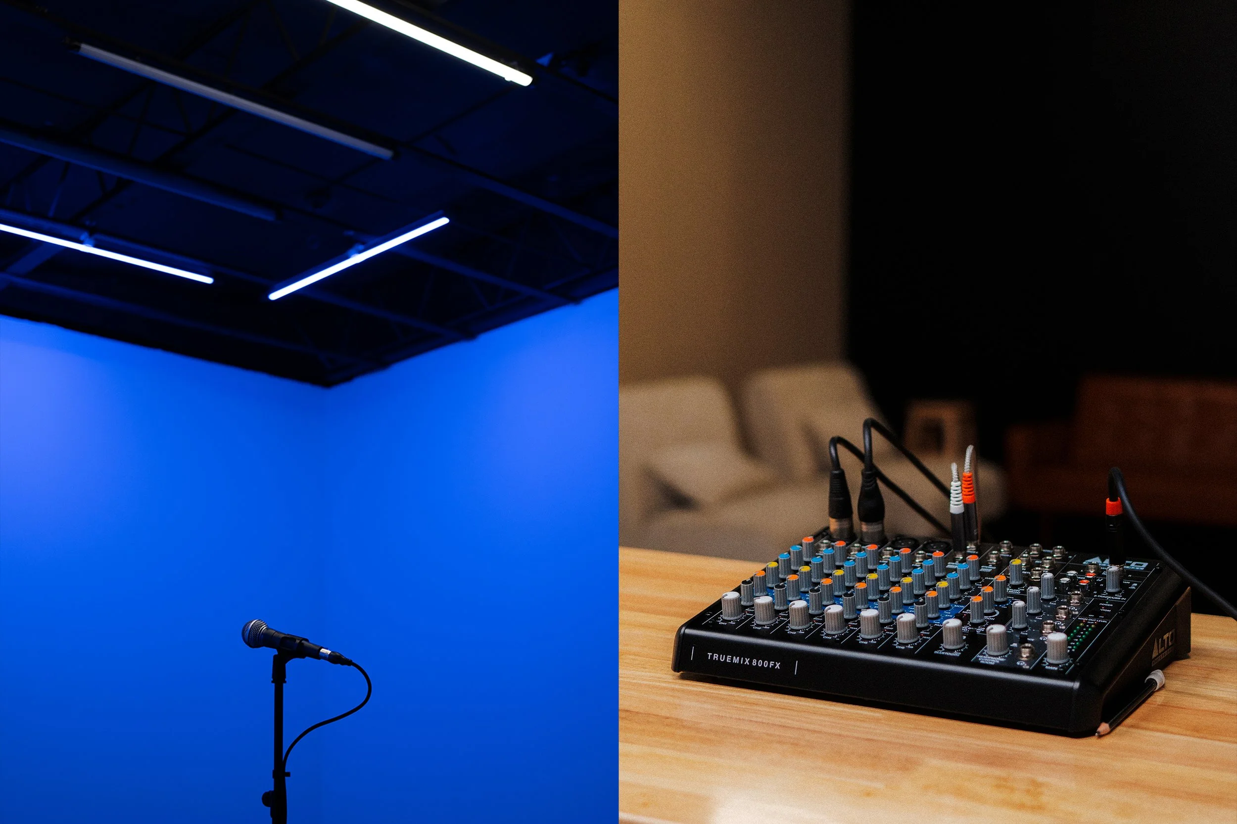 A split image showing a stage with a microphone and blue lighting on the left, and a music mixing console on a wooden table with various knobs and cables on the right.