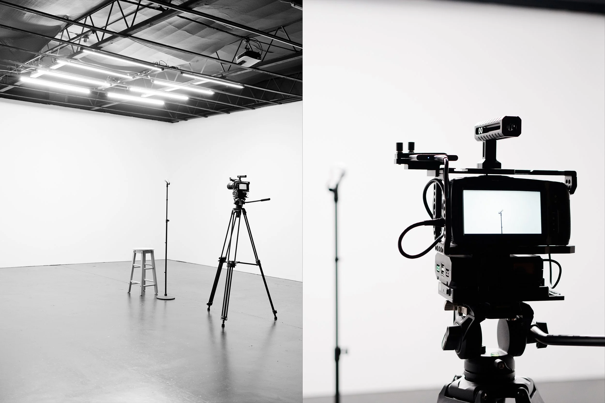 A photography studio setup with a white backdrop, a stool, tripod, camera, and lighting fixtures.