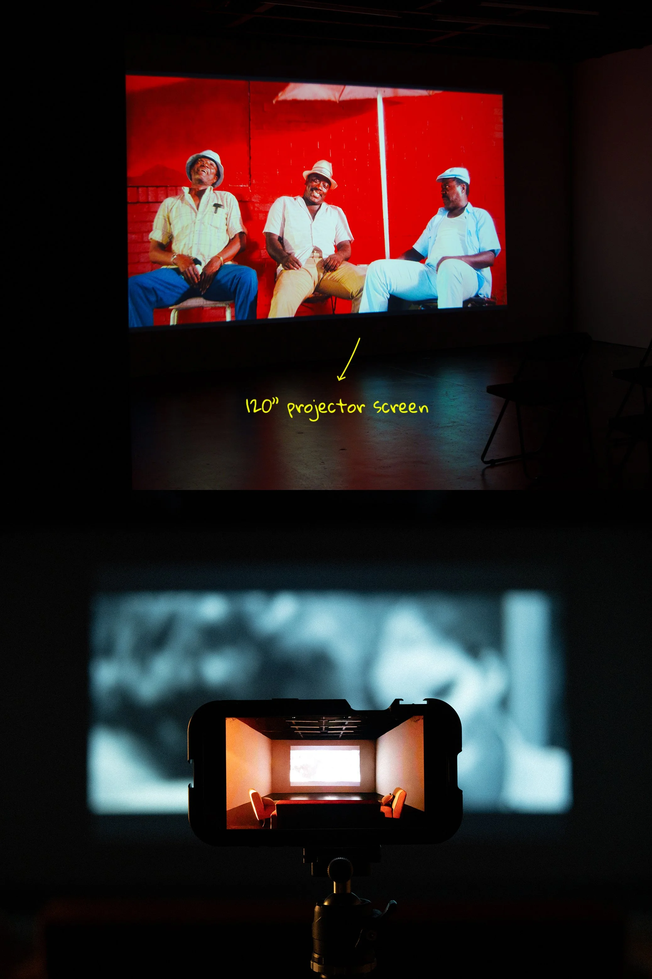 A series of images shows a large projector screen displaying three men sitting outdoors on chairs against a red backdrop, with a note indicating it is a 120-inch projector screen. The second image shows the projection on an indoor wall with a smaller