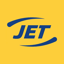 Jet logo on a yellow background with blue text and swoosh design