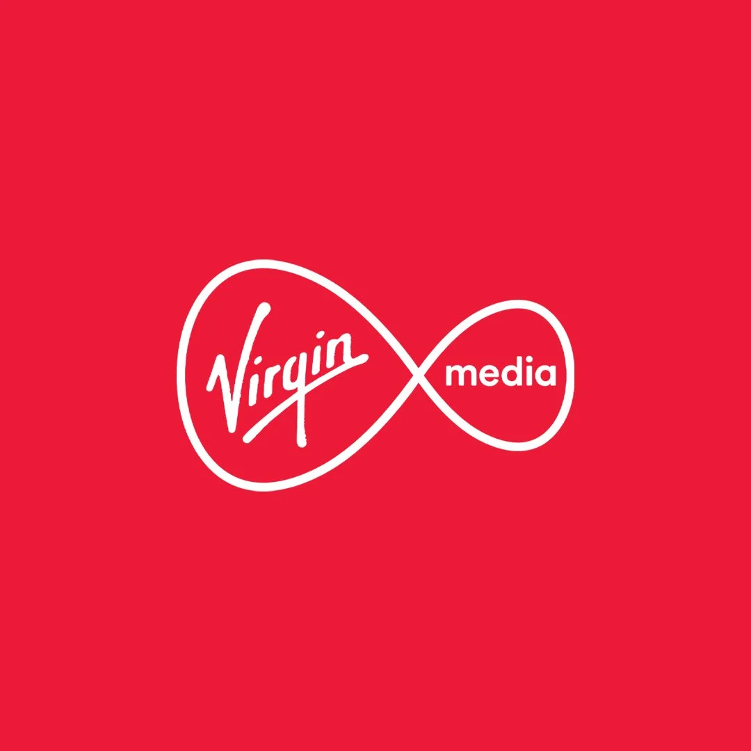Red background with white Virgin Media logo styled as an infinity symbol.