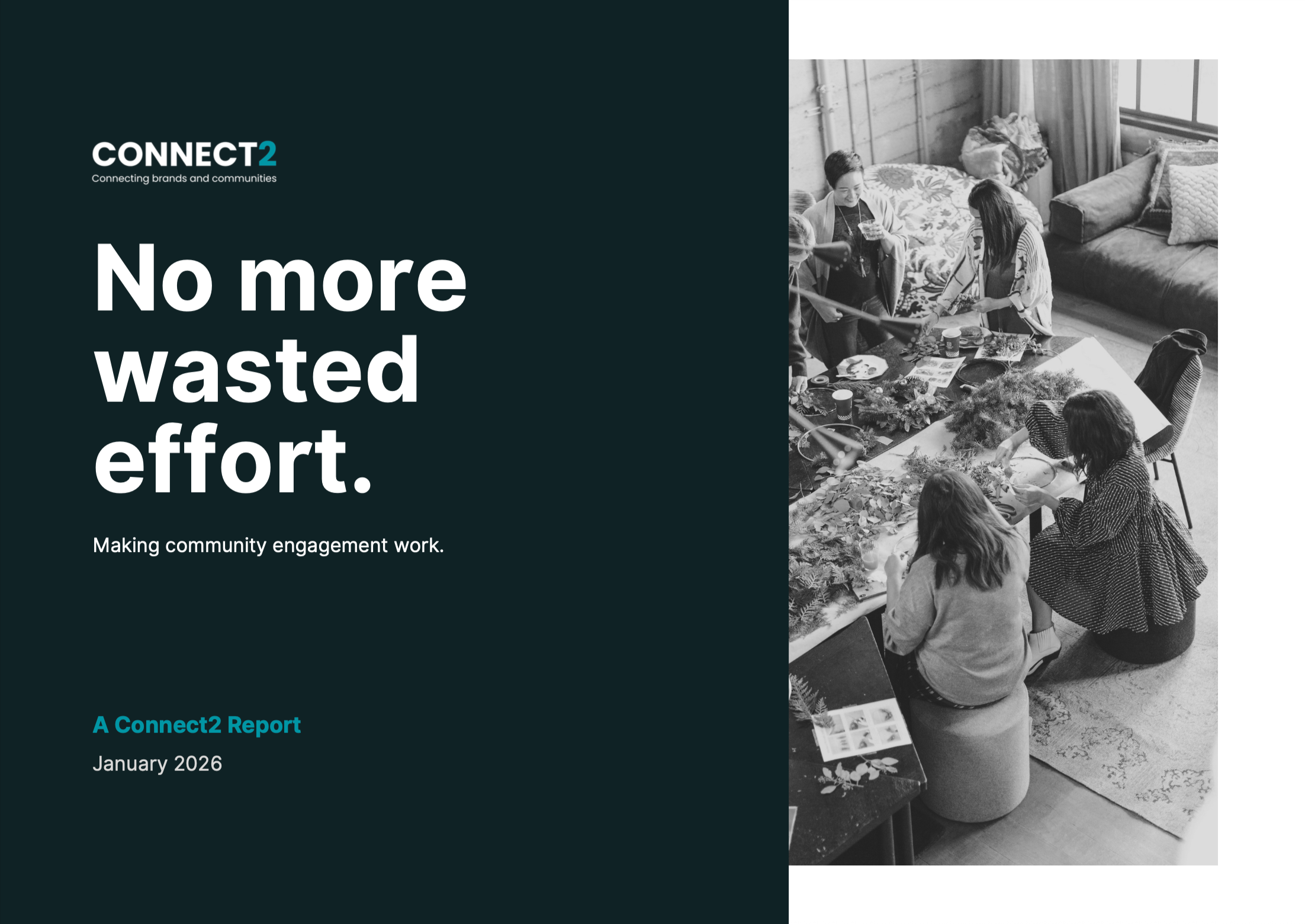 Cover page of a report titled 'No more wasted effort' by Connect2, showing a black and white photo of people working together at a table on the right side.
