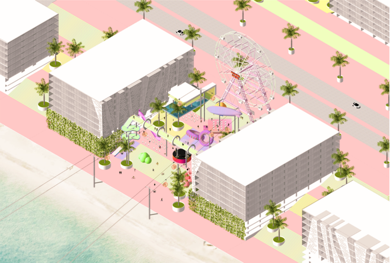 A colorful amusement park surrounded by buildings and palm trees, with a ferris wheel, water slides, and a pool visible in an aerial view.