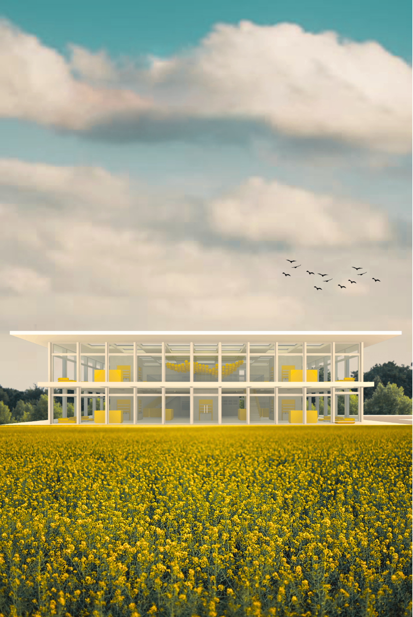 Modern two-story glass house with yellow accents, set in a field of yellow flowers, under a partly cloudy sky with birds flying.