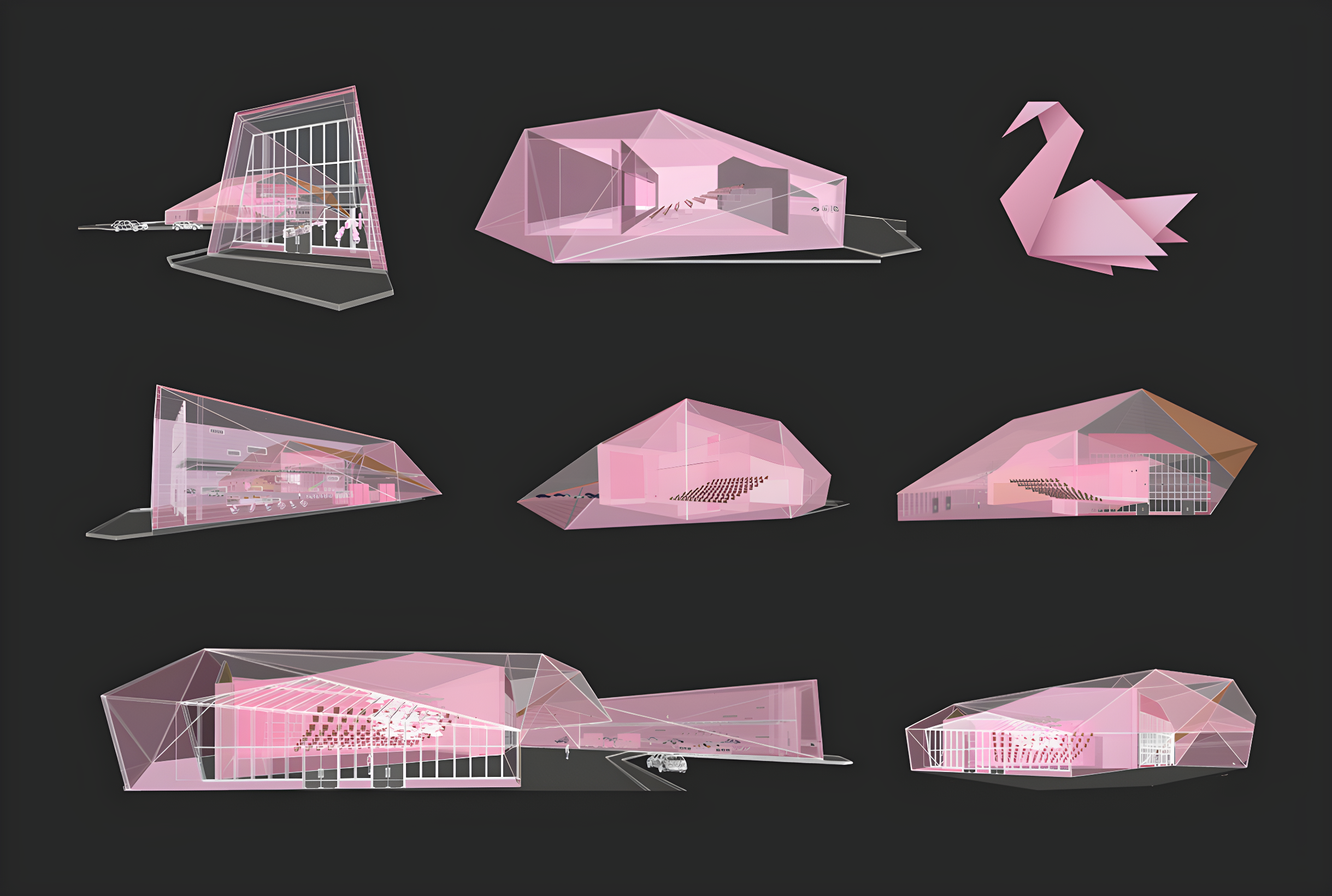 Architectural model of a modern building with multiple pink-tinted translucent sections and creative, angular designs shown from various angles