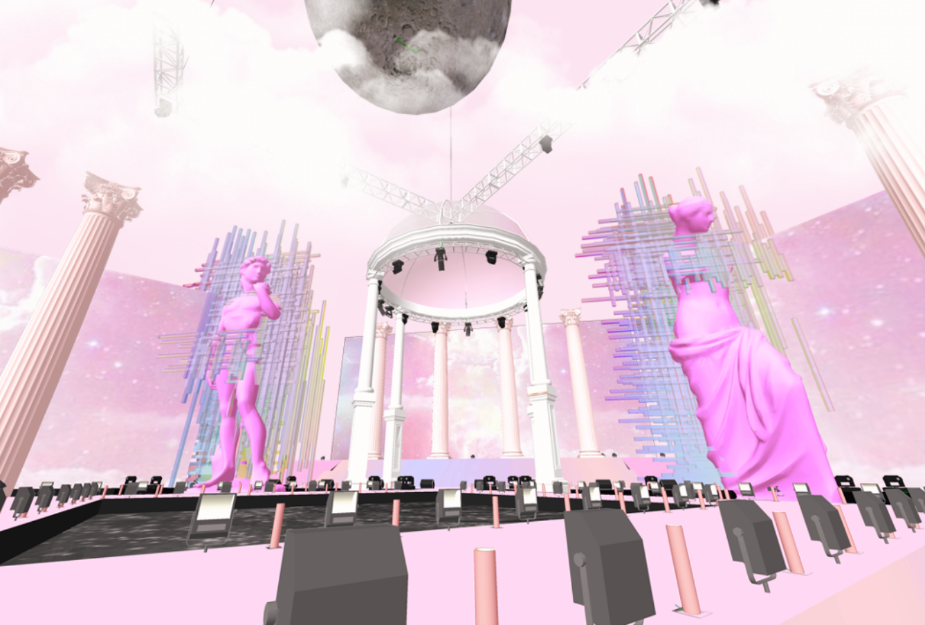 A digital artwork of a pink and purple fantasy stage with classical columns, large pink statues of women, and a circular structure with lights under a cloudy sky.