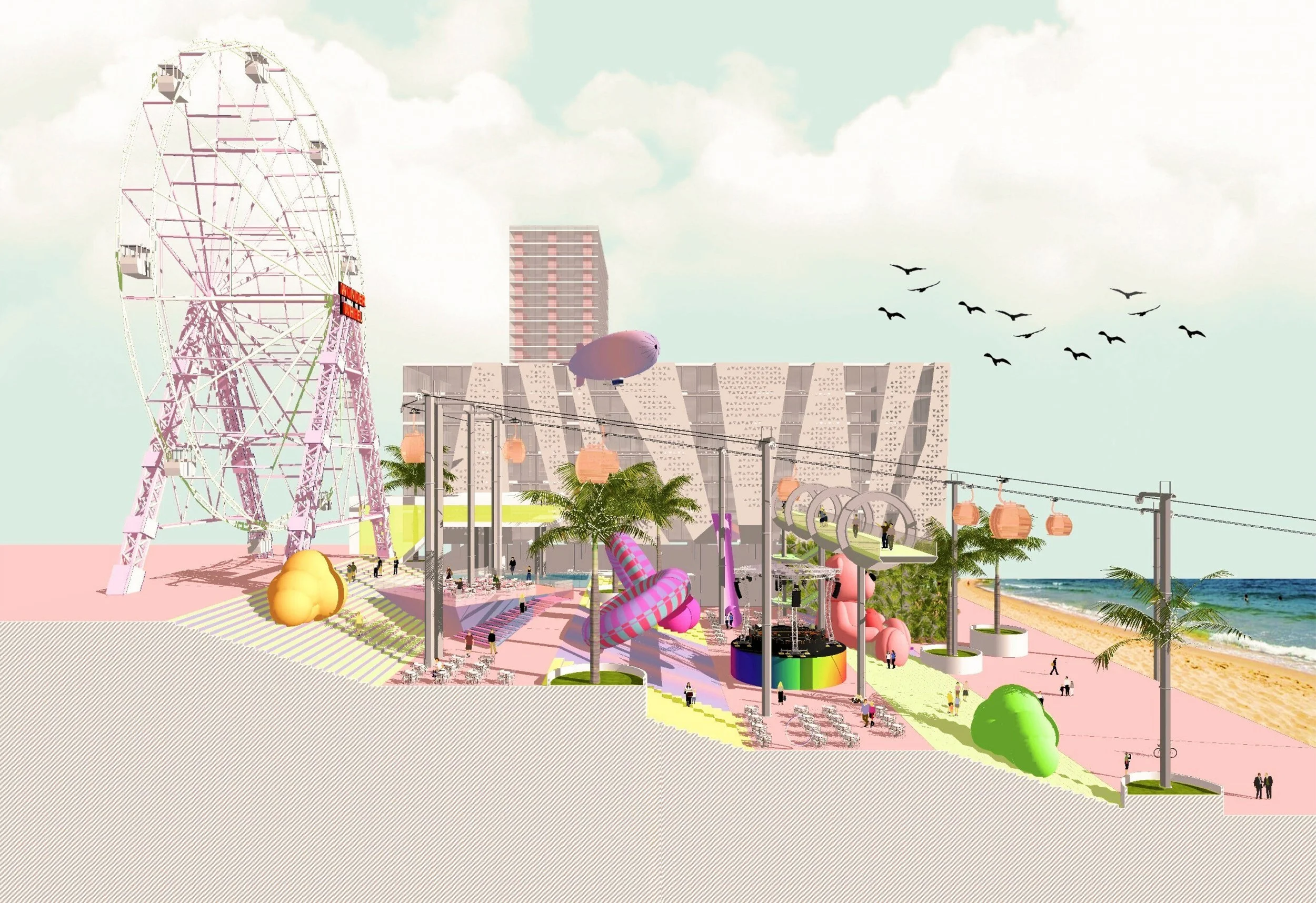 A colorful amusement park by the beach featuring a large ferris wheel, midway rides including a pink and purple slide, inflatables, palm trees, hanging lanterns, and a sandy shoreline with the ocean in the background.