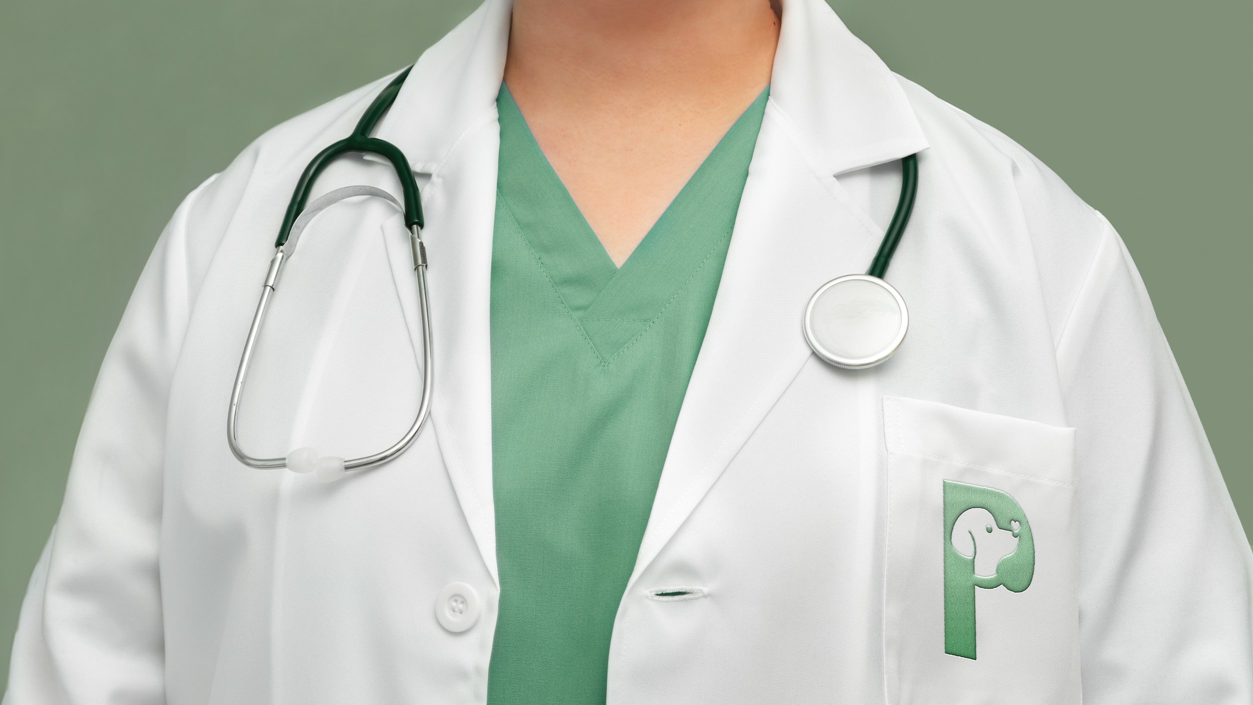 Close-up of a doctor wearing a white coat with a badge featuring a green elephant logo, green scrubs, and a stethoscope around their neck.