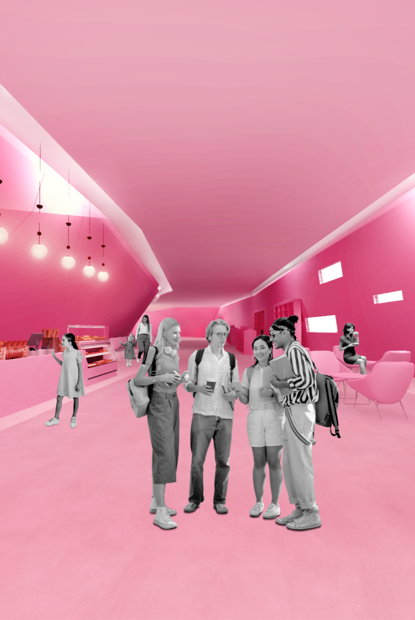 Group of people standing and talking in a pink modern interior space with seating and a counter in the background.