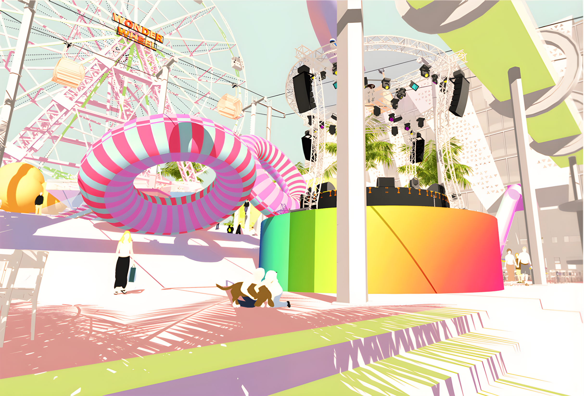 Colorful amusement park with a pink and white striped donut-shaped slide, a large rainbow-colored cylindrical structure, and a stage with green plants and lighting equipment.