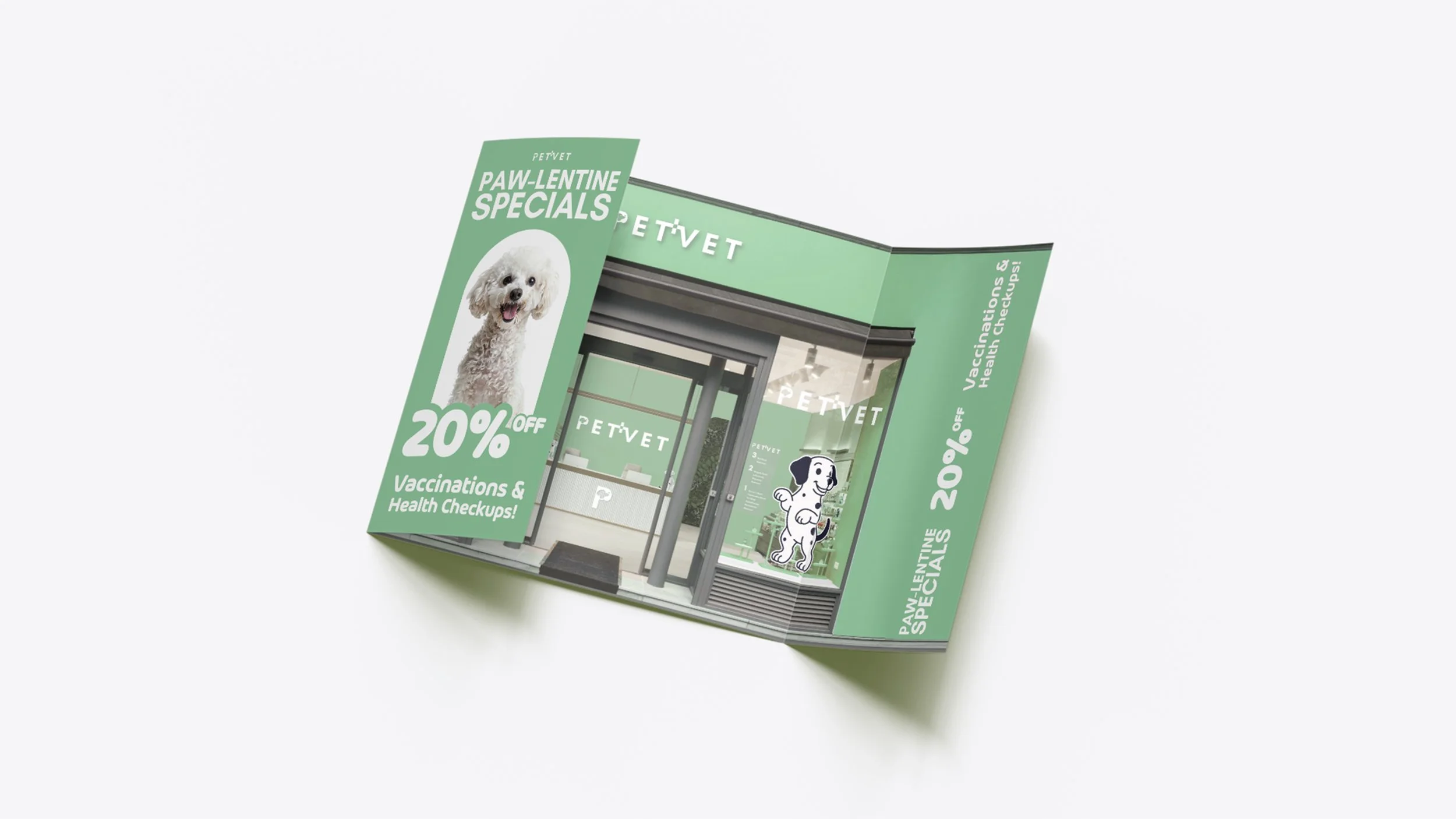 Brochure for pet veterinary clinic promoting 20% off on vaccinations and health checkups, with images of a white poodle and a cartoon puppy, and the clinic's entrance in the background.