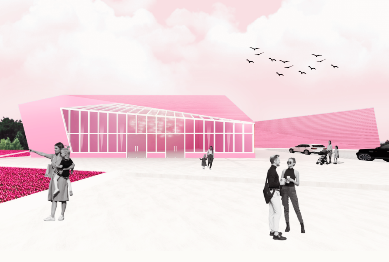 A modern building with pink glass and metal architecture, surrounded by people, cars, and pink flower beds, under a pink sky with clouds and flying birds.
