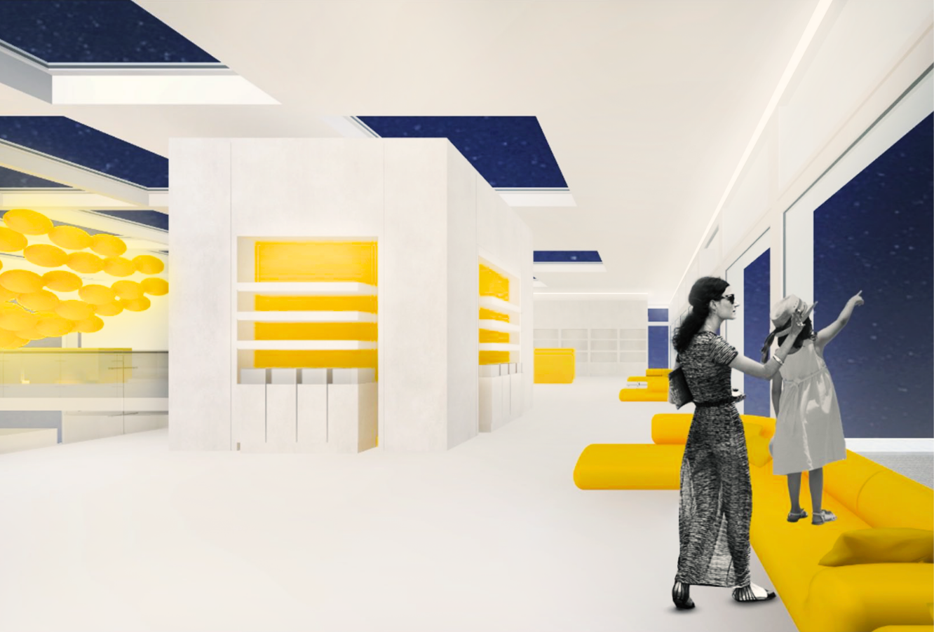 Interior of a modern building with white walls, yellow seating, and large windows showing a starry night sky. Two women, one with sunglasses and another in a hat, are looking out the window.