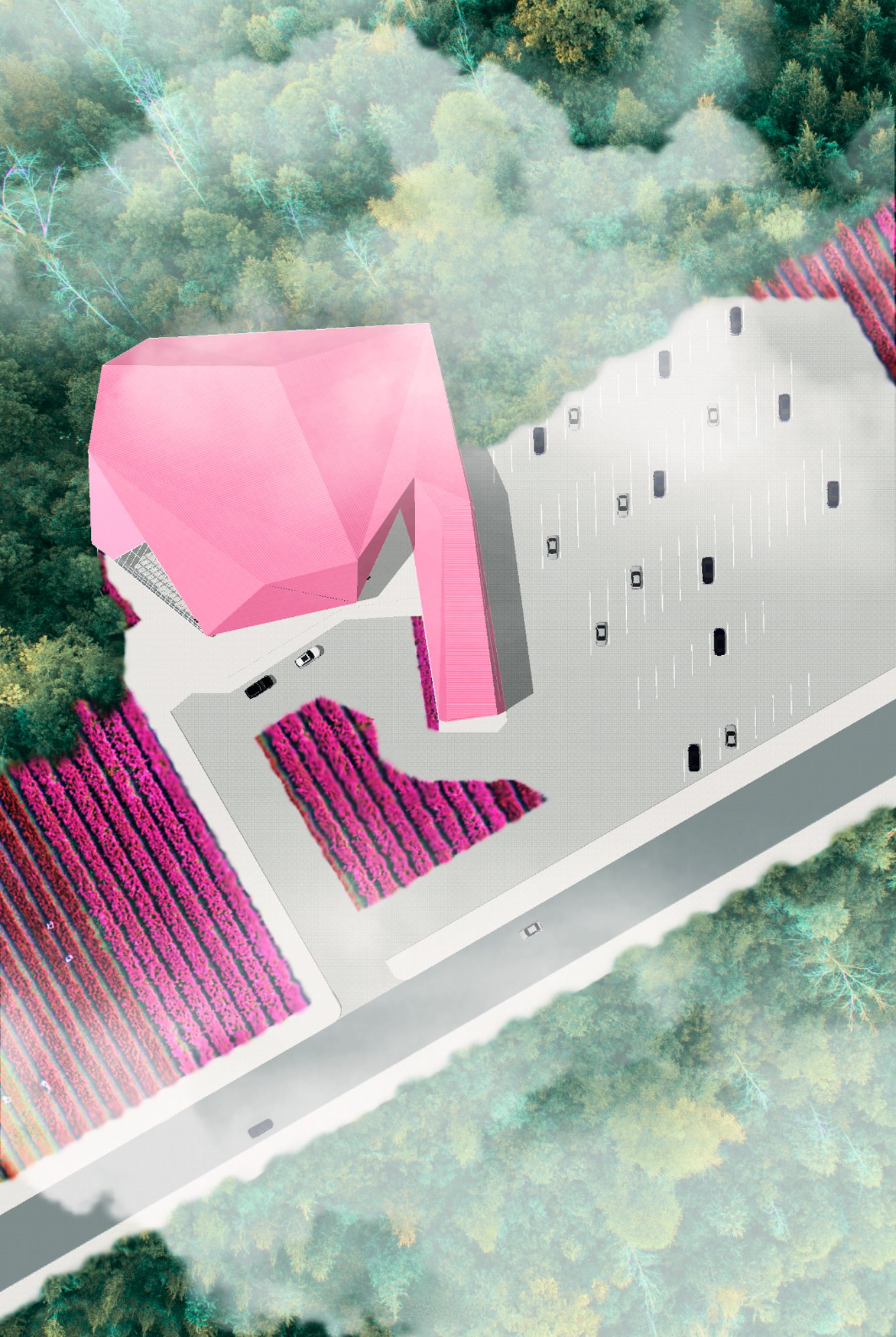 Aerial view of a building with a pink roof surrounded by a parking lot, trees, and fields with pink flowers.