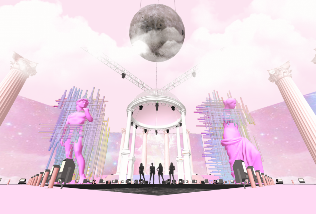 Digital photo of a stage with large pink statues of classical figures, tall columns, a circular structure, a moon, and a cloudy sky with pink hues.