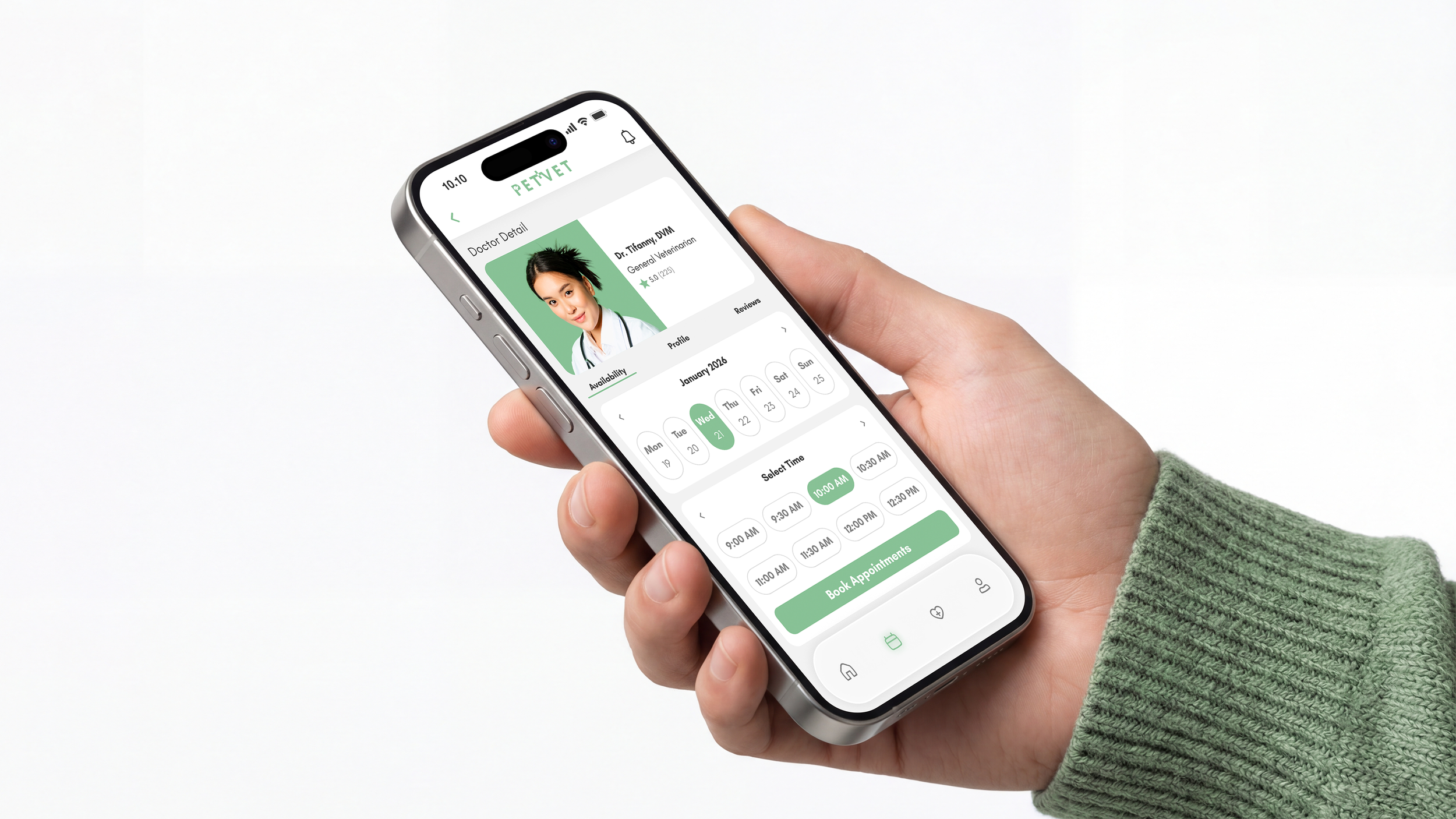 A person holding a smartphone showing a pet veterinary appointment booking app on the screen, with a profile picture of a veterinarian, calendar, and available appointment times.