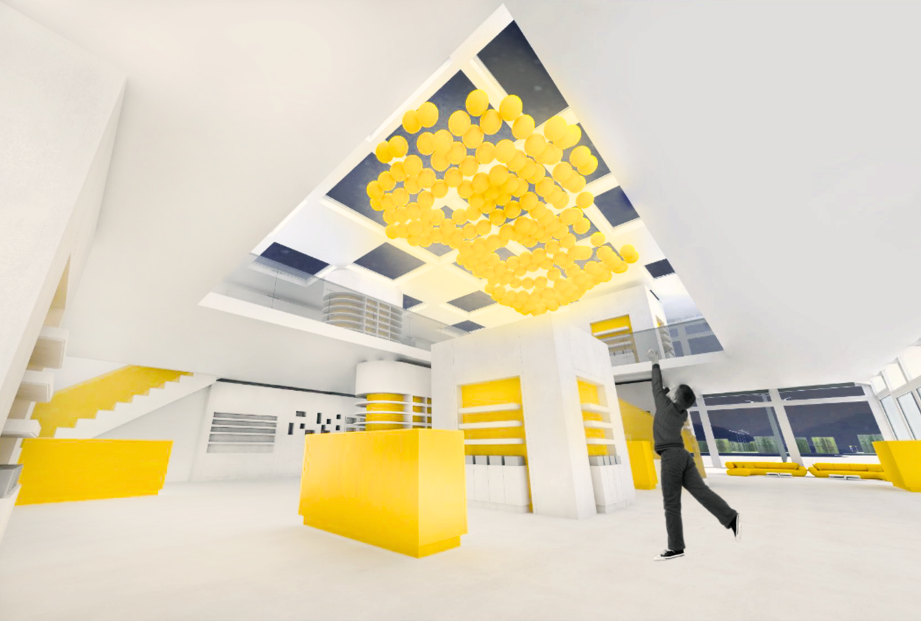 Modern interior space with yellow and white decor, featuring a ceiling installation of yellow balls, a person reaching up, and large windows with city view.