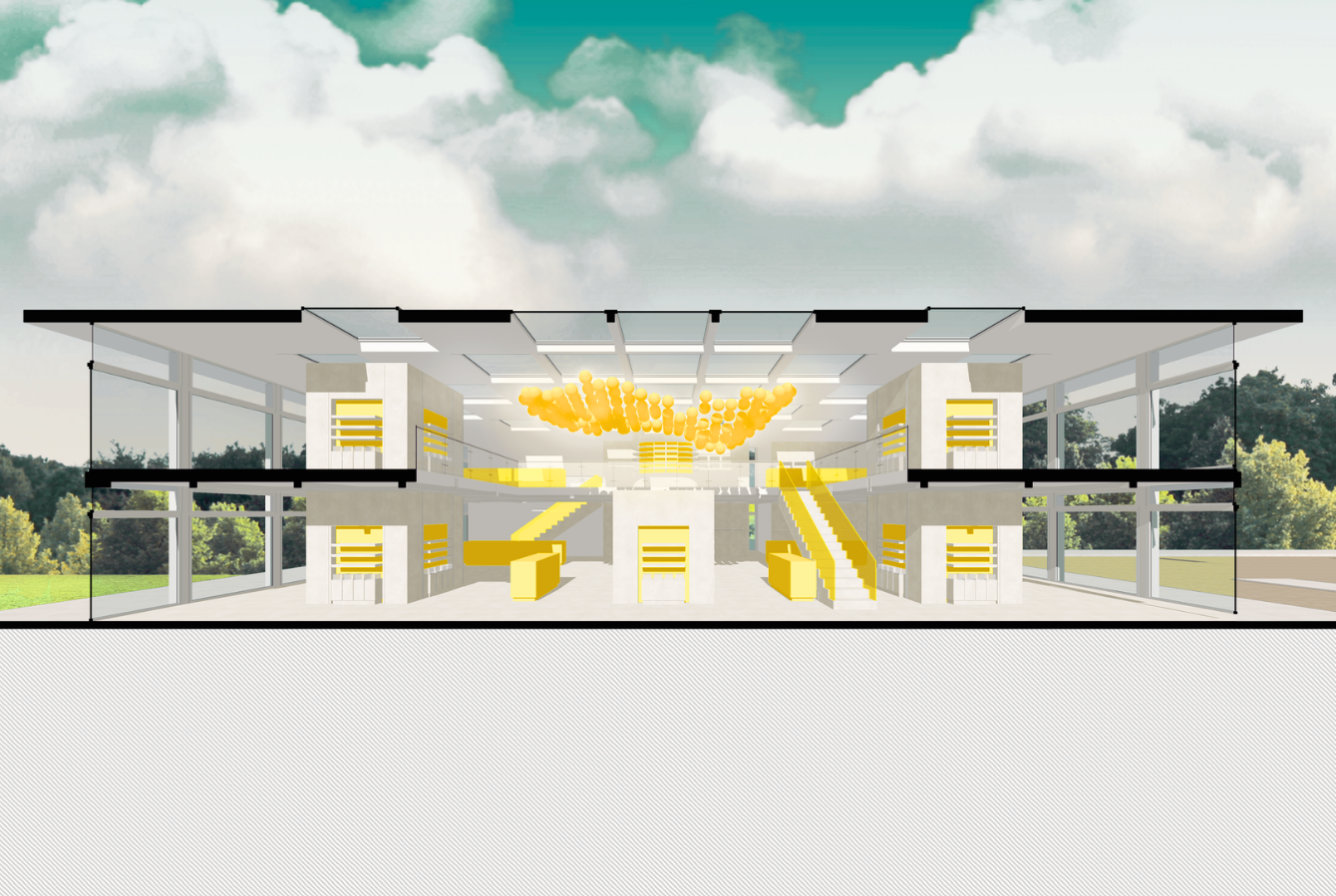 Architectural rendering of a modern, two-story building with large glass windows, yellow accents on stairs and fixtures, and an open interior design with clouds and trees visible outside.