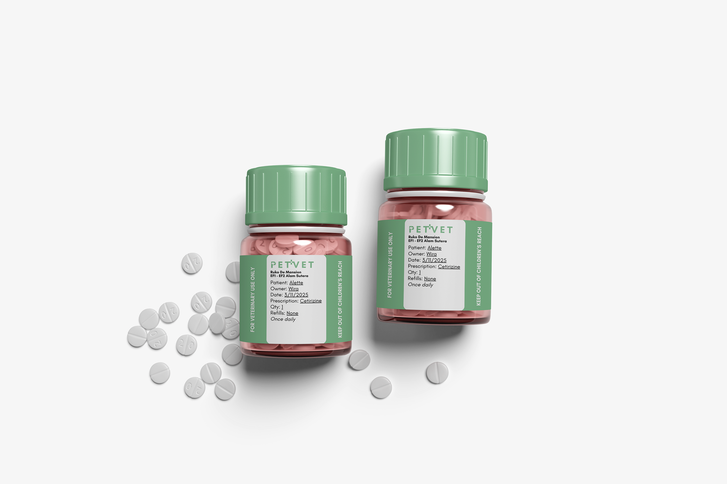 Two bottles of pet medication with green caps and pink labels, surrounded by scattered white pills on a white background.
