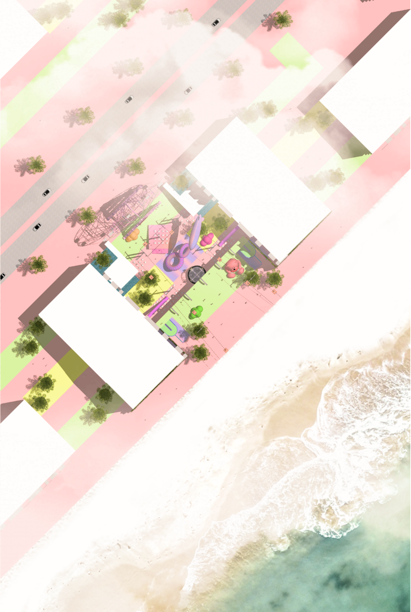 A colorful beachside playground featuring slides, climbing structures, and sculptures, adjacent to the ocean with sandy shoreline and waves, surrounded by trees, parking, and buildings.