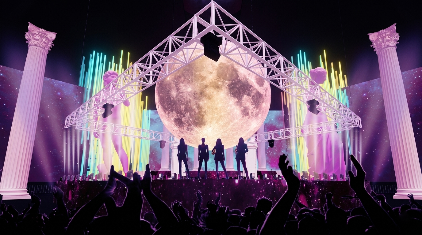 A stage with four women performing in front of a large full moon backdrop, surrounded by ancient columns and colorful light beams, with a crowd of people enjoying the performance.