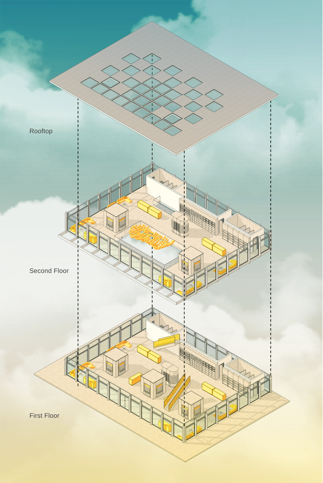 View of a two-story building with a rooftop solar panel array, showing interior layouts of the first and second floors, including furniture, staircases, and enclosed rooms, set against a cloudy sky background.