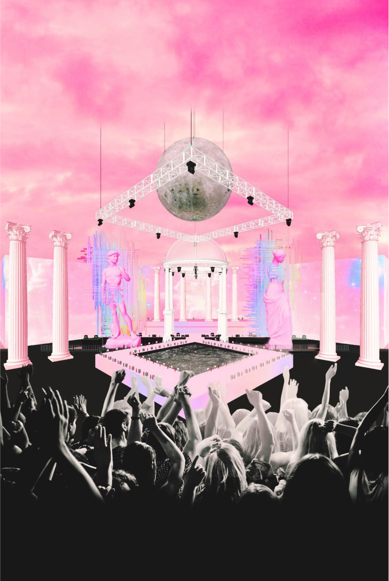 Digital artwork of a concert stage with pink clouds, classical columns, statues, a moon hanging from a truss, and a crowd at the front.