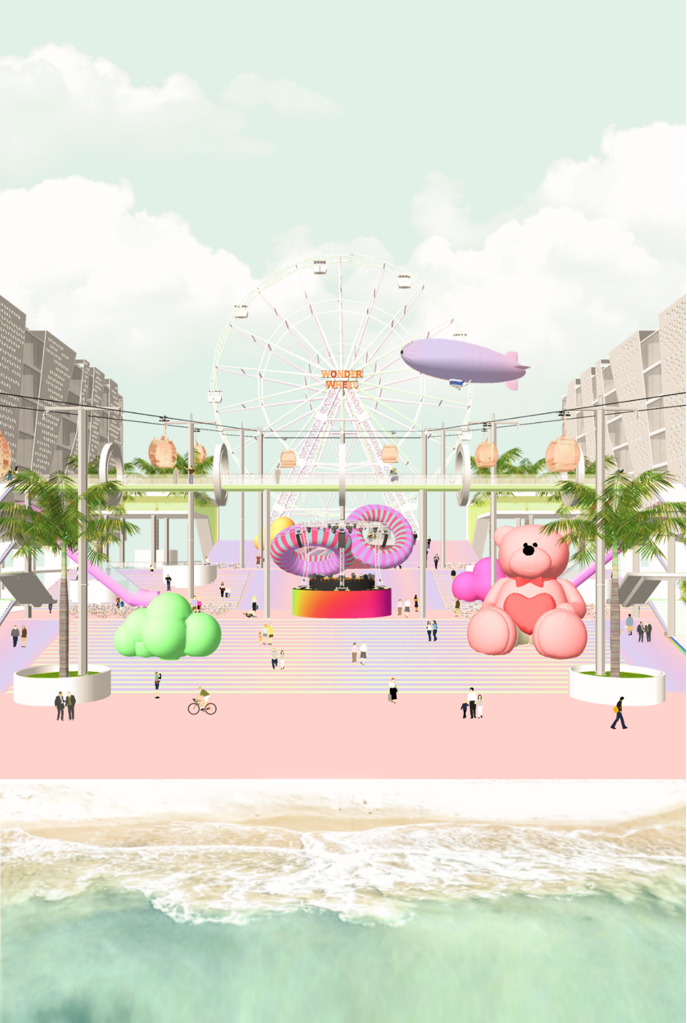 A colorful amusement park with a Ferris wheel, a blimp, pink teddy bear, palm trees, and a pink slide, situated on a beach with ocean waves in the foreground.