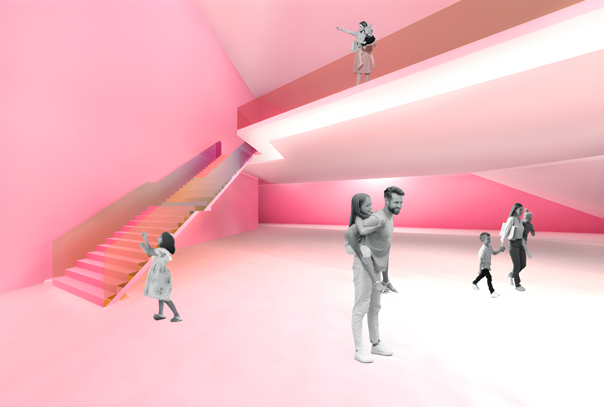 People exploring a modern, pink-designed interior space with staircase and illuminated walkways.